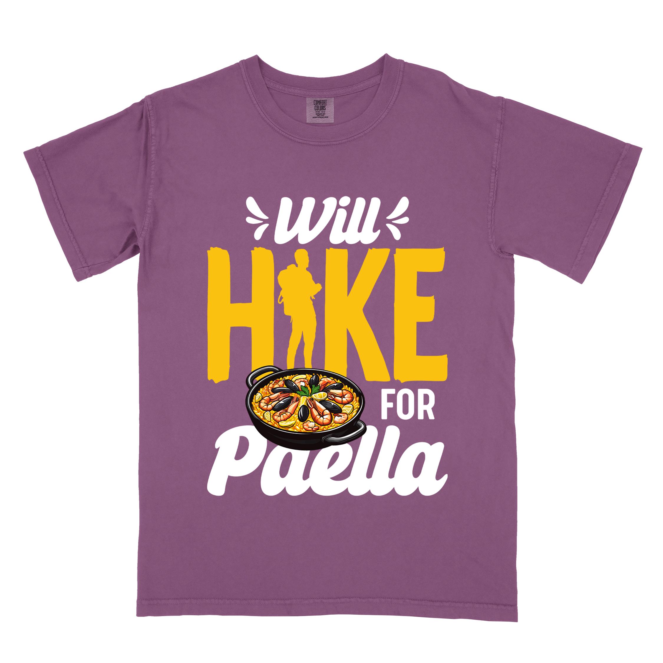 Berry "Will Hike for Paella" colored vintage tee with bold typography, illustrated paella platter, and backpackers for rice lovers.