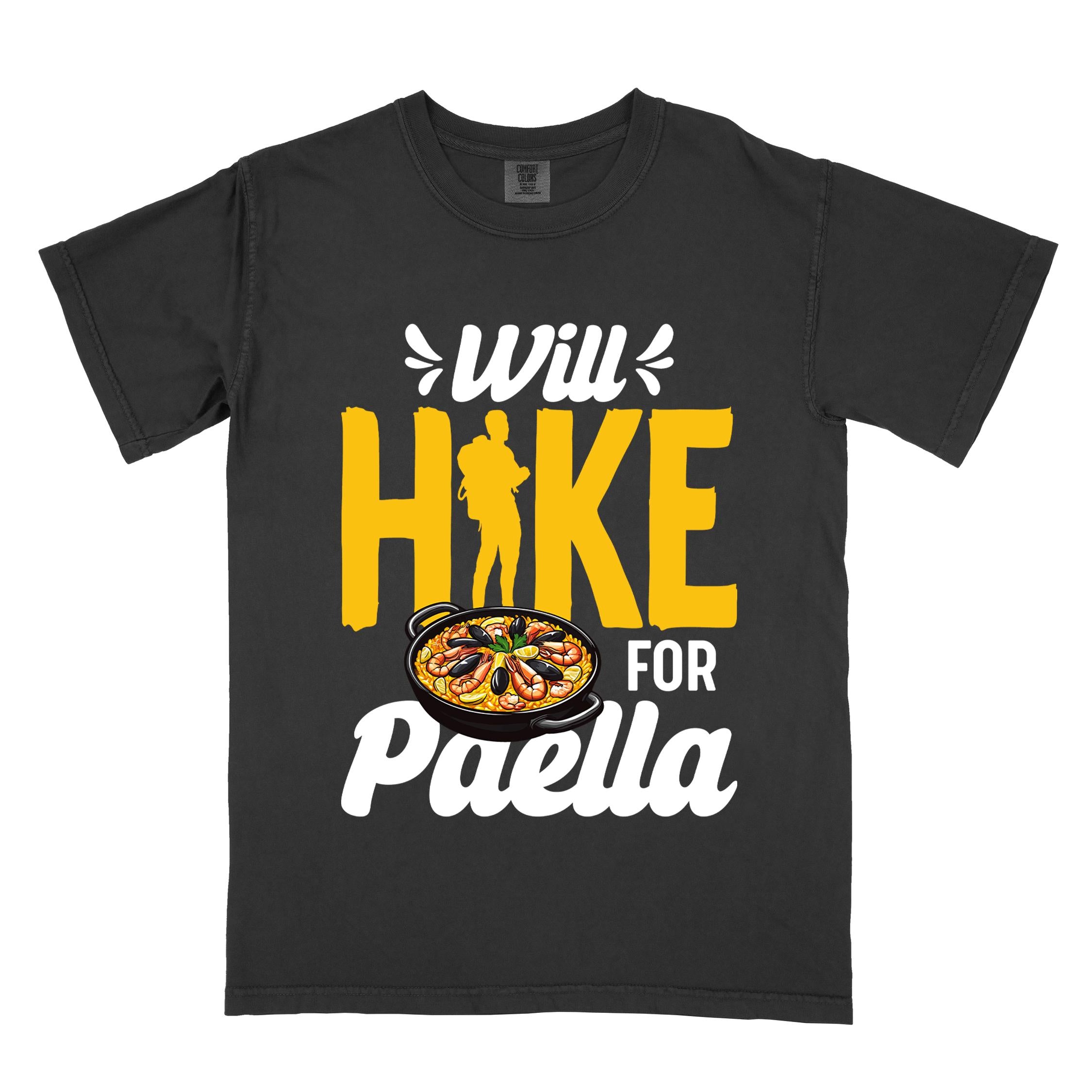 Black "Will Hike for Paella" colored vintage tee with bold typography, illustrated paella platter, and backpackers for rice lovers.