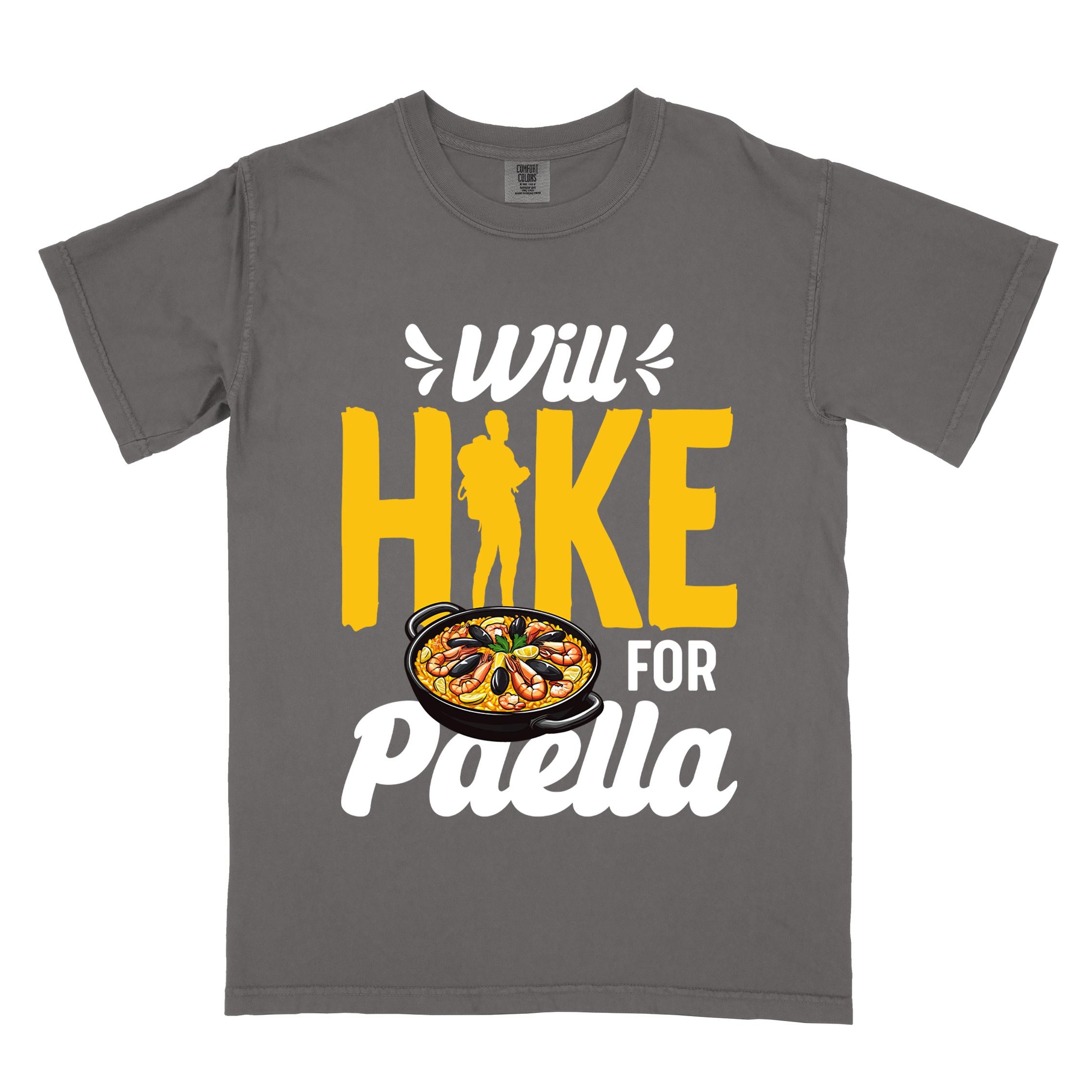 Pepper "Will Hike for Paella" colored vintage tee with bold typography, illustrated paella platter, and backpackers for rice lovers.