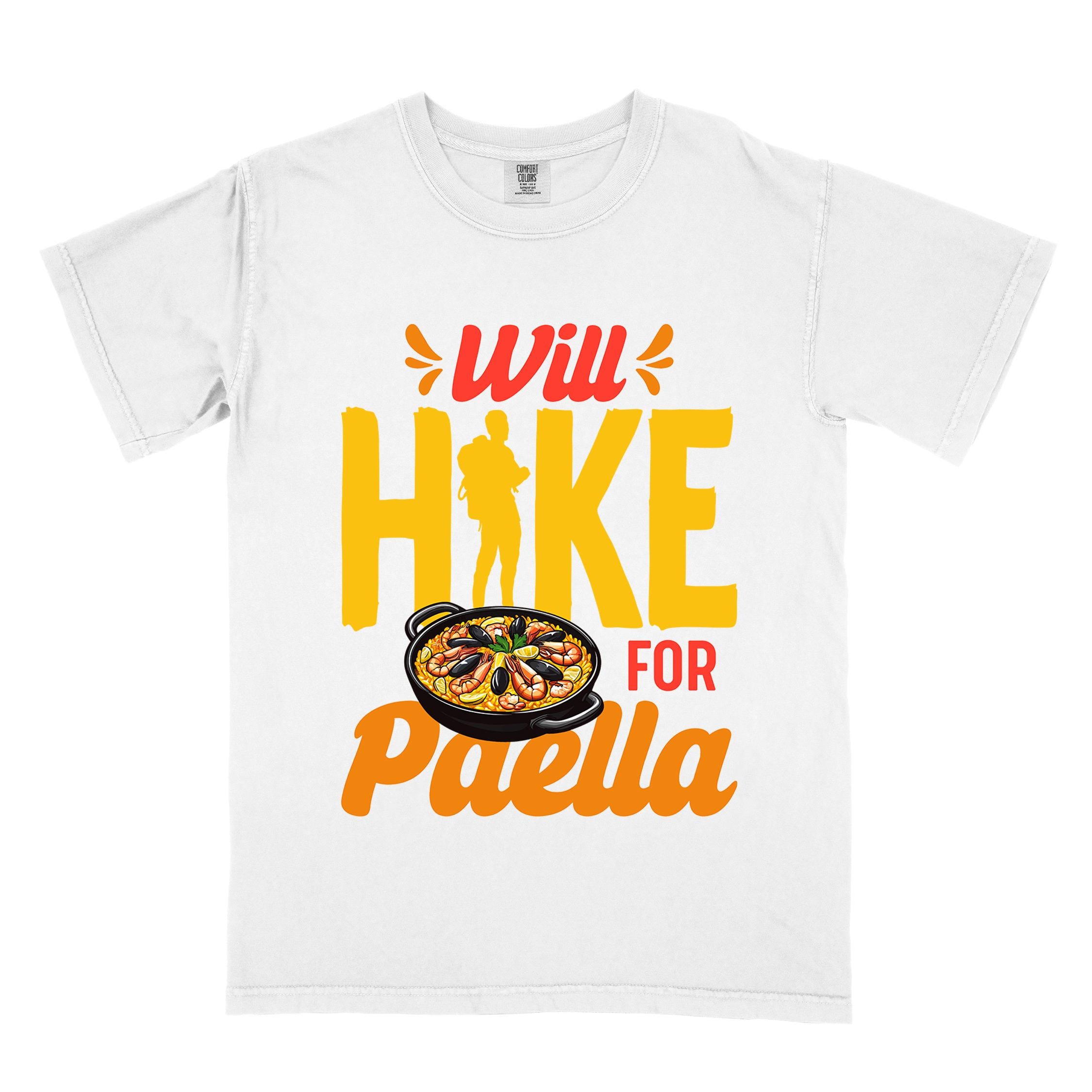 White "Will Hike for Paella" colored vintage tee with bold typography, illustrated paella platter, and backpackers for rice lovers.