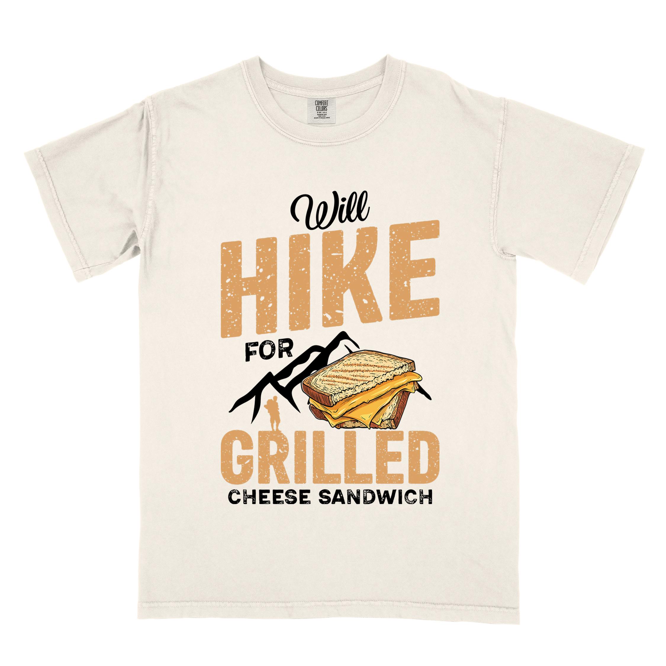 Ivory "will hike for grilled cheese sandwich" colored vintage tee with bold typography, mountains, birds, illustrated grilled cheese sandwich, and backpackers for sandwich enthusiasts