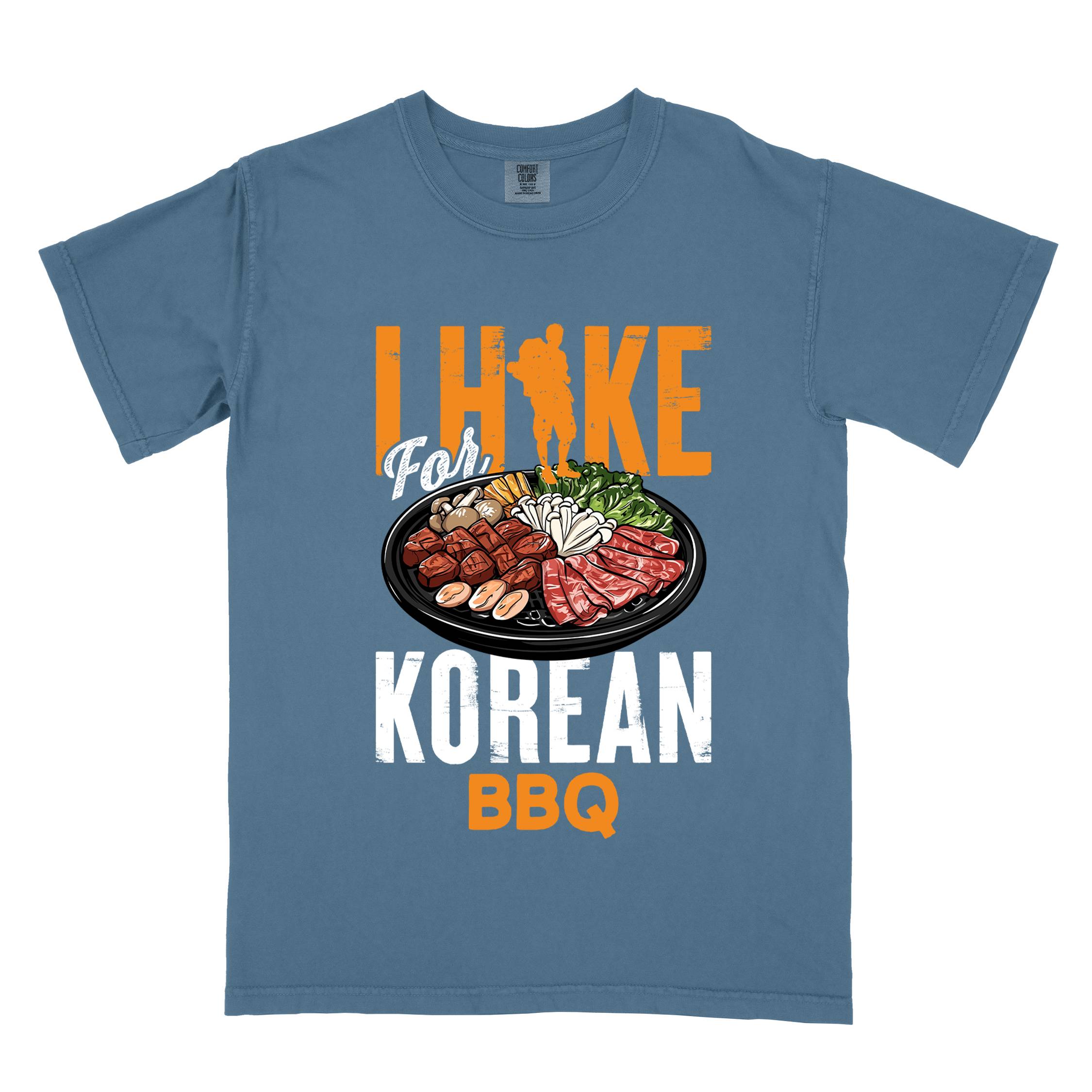 Blue jean "I hike for korean bbq" colored vintage tee with bold typography, illustrated grilling platter korean bbq, mountains, birds, and backpacker for kbbq lovers.