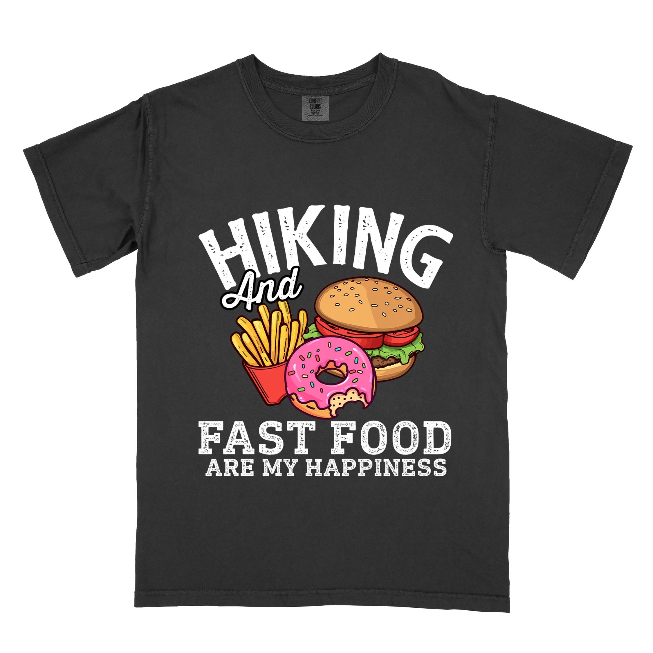 Black "Hiking and Fast Food are my Happiness" colored vintage tee with bold typography, and illustrated fast food meal for the hikers who wants a rewarding meal.