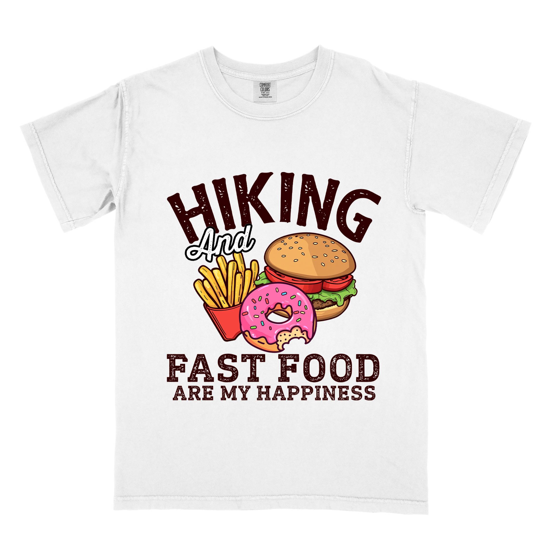 White "Hiking and Fast Food are my Happiness" colored vintage tee with bold typography, and illustrated fast food meal for the hikers who wants a rewarding meal.