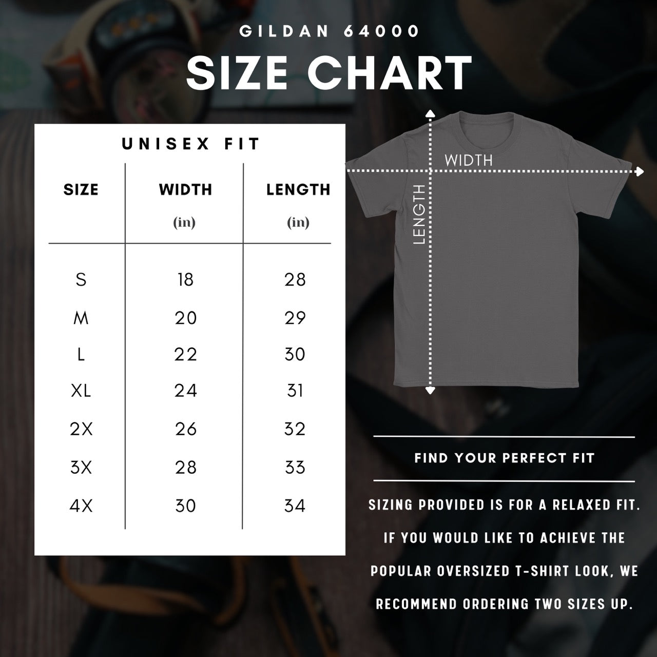 Gildan 64000 size chart for unisex t-shirts with measurements and a gray t-shirt illustration.