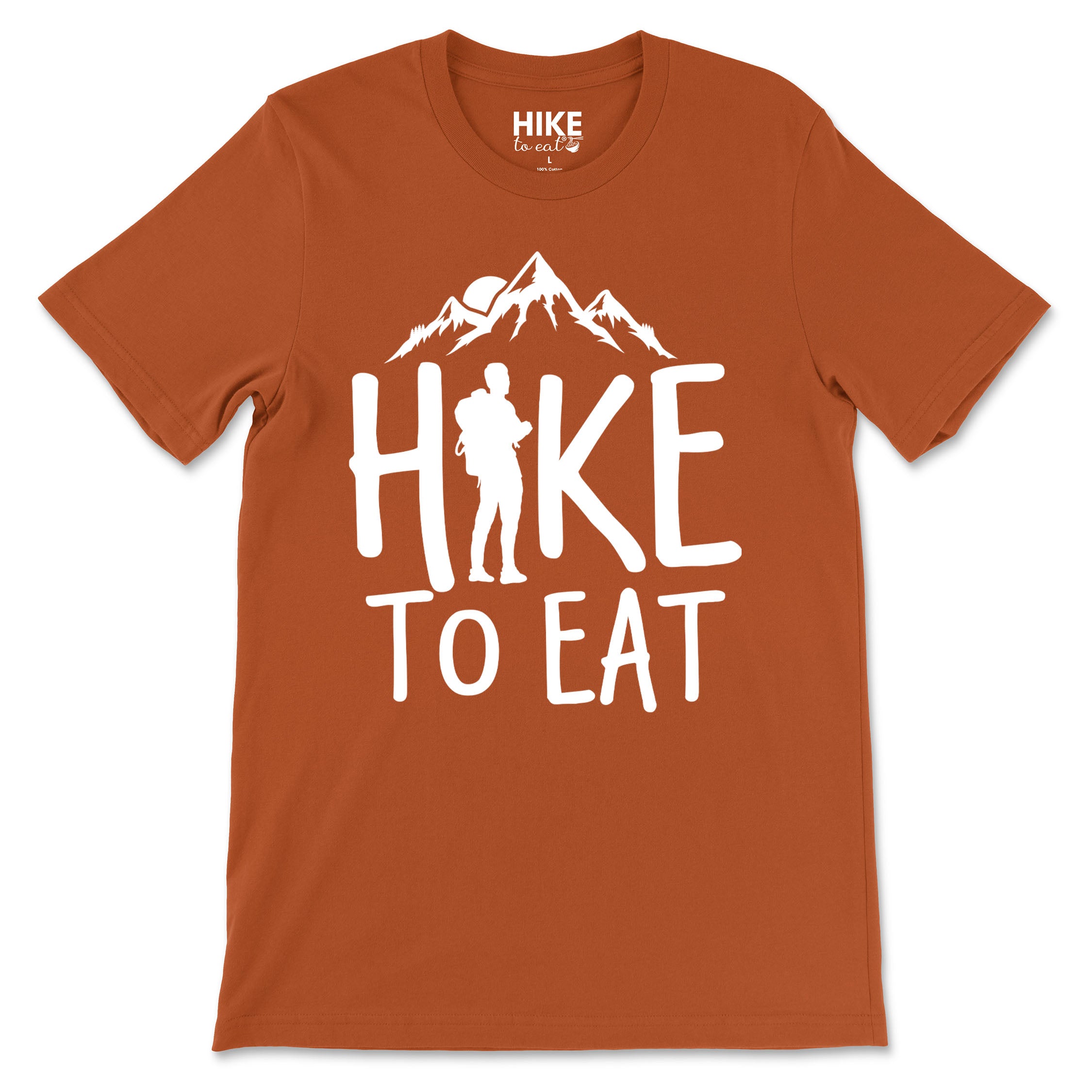 Autumn t-shirt with 'Hike to Eat' graphic design on a white background