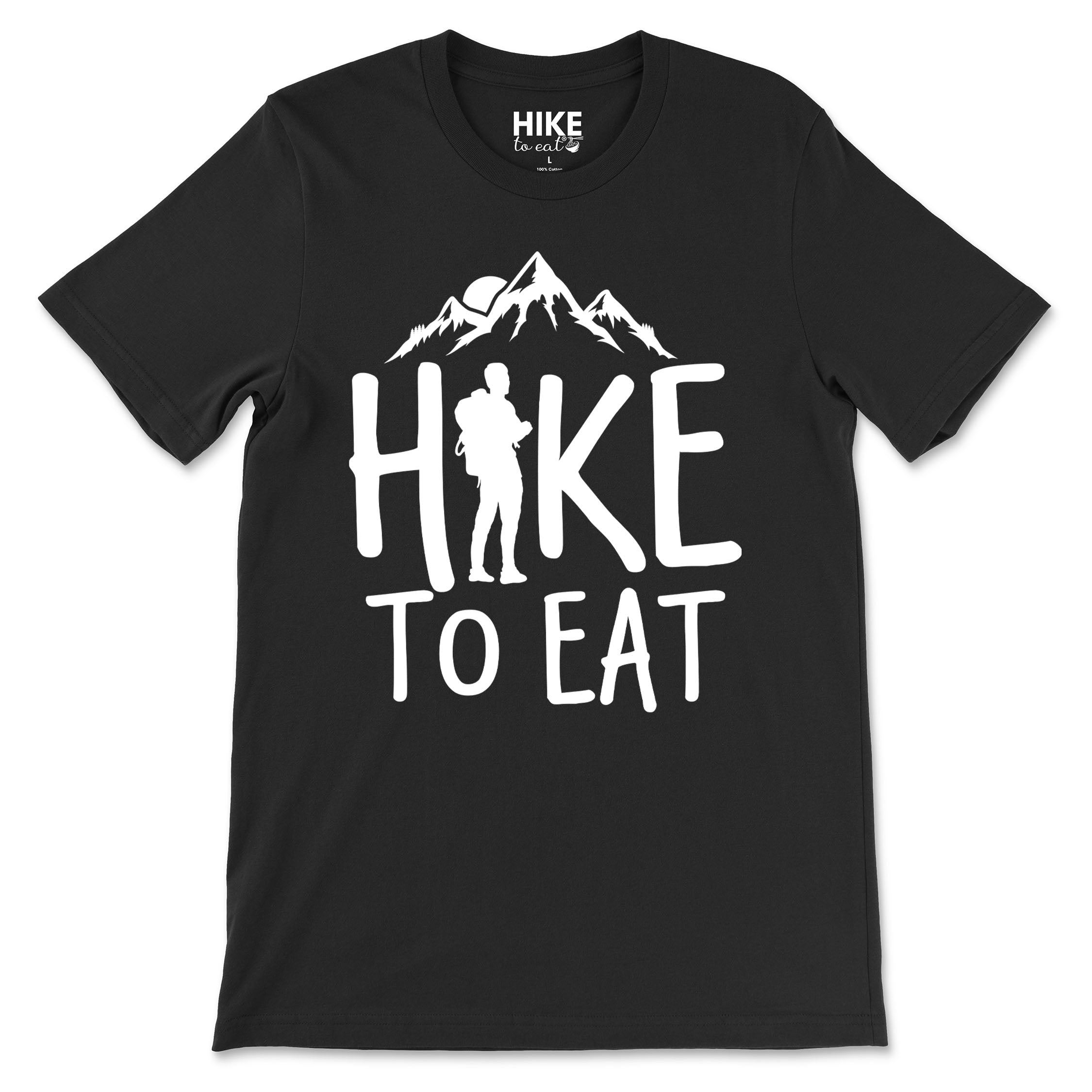 Black t-shirt with 'Hike to Eat' graphic design on a white background