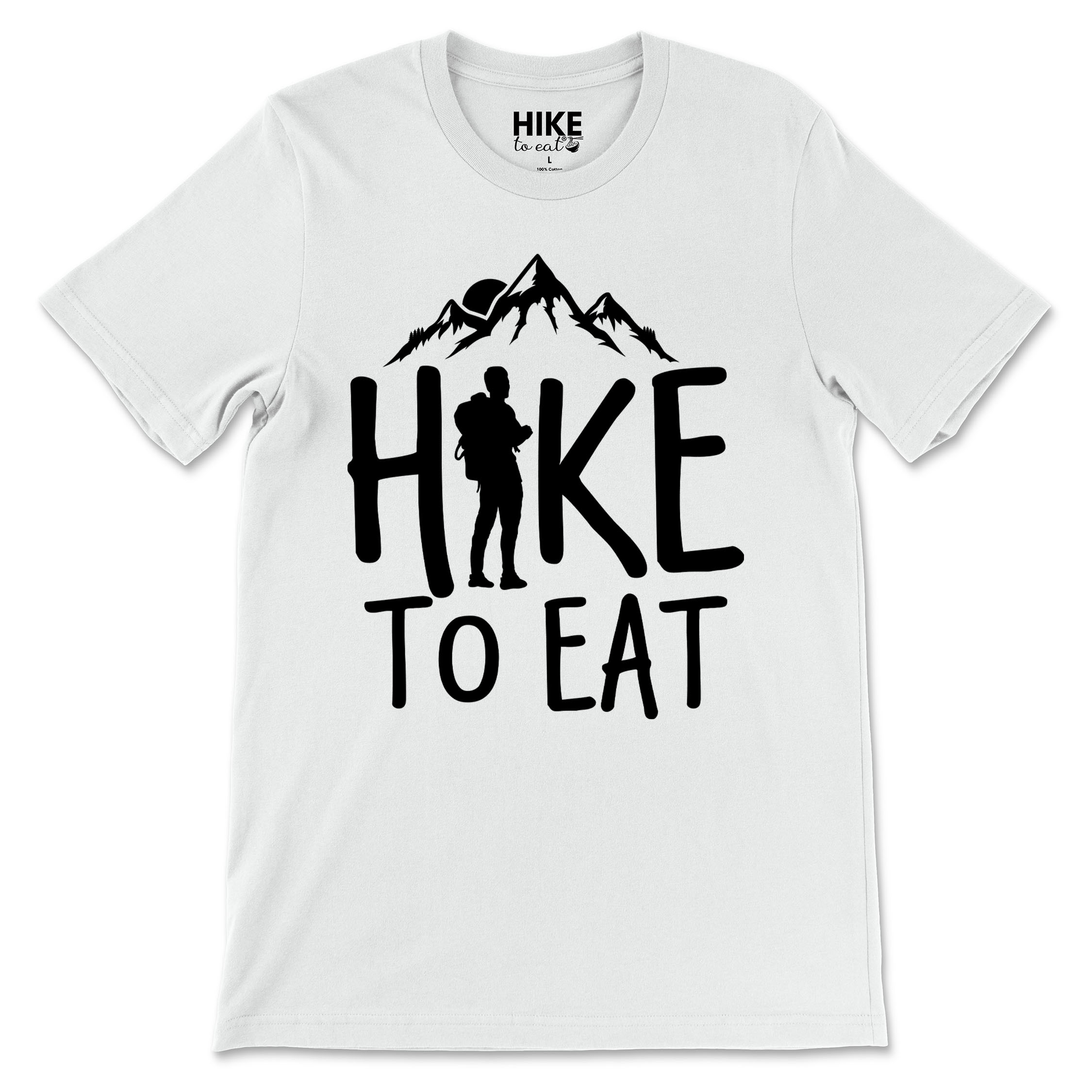 White t-shirt with 'Hike to Eat' graphic design on a white background