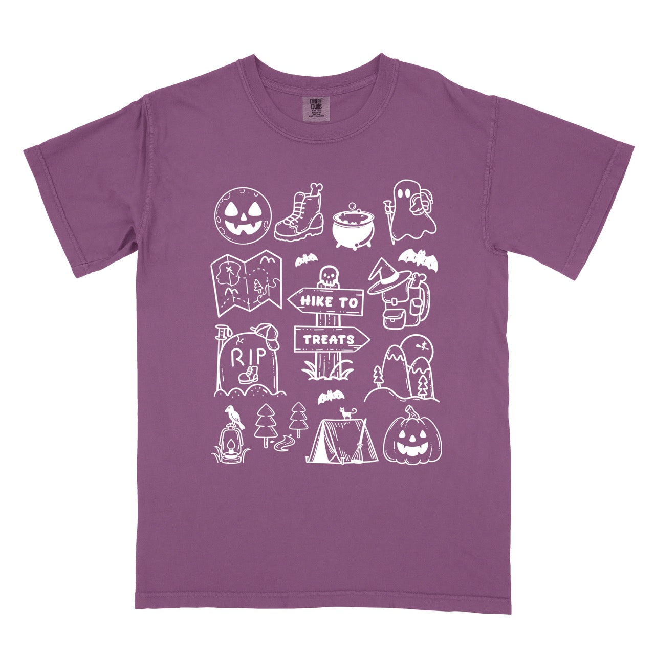 Berry (purple) Halloween adventure vintage tee featuring illustrated icon collection with jack-o-lantern boots cauldron ghost backpacker map RIP tombstone Hike to Treats trail sign tent pumpkin bats and trees on Comfort Colors shirt for spooky season celebrations for hikers, foodies and adventurers