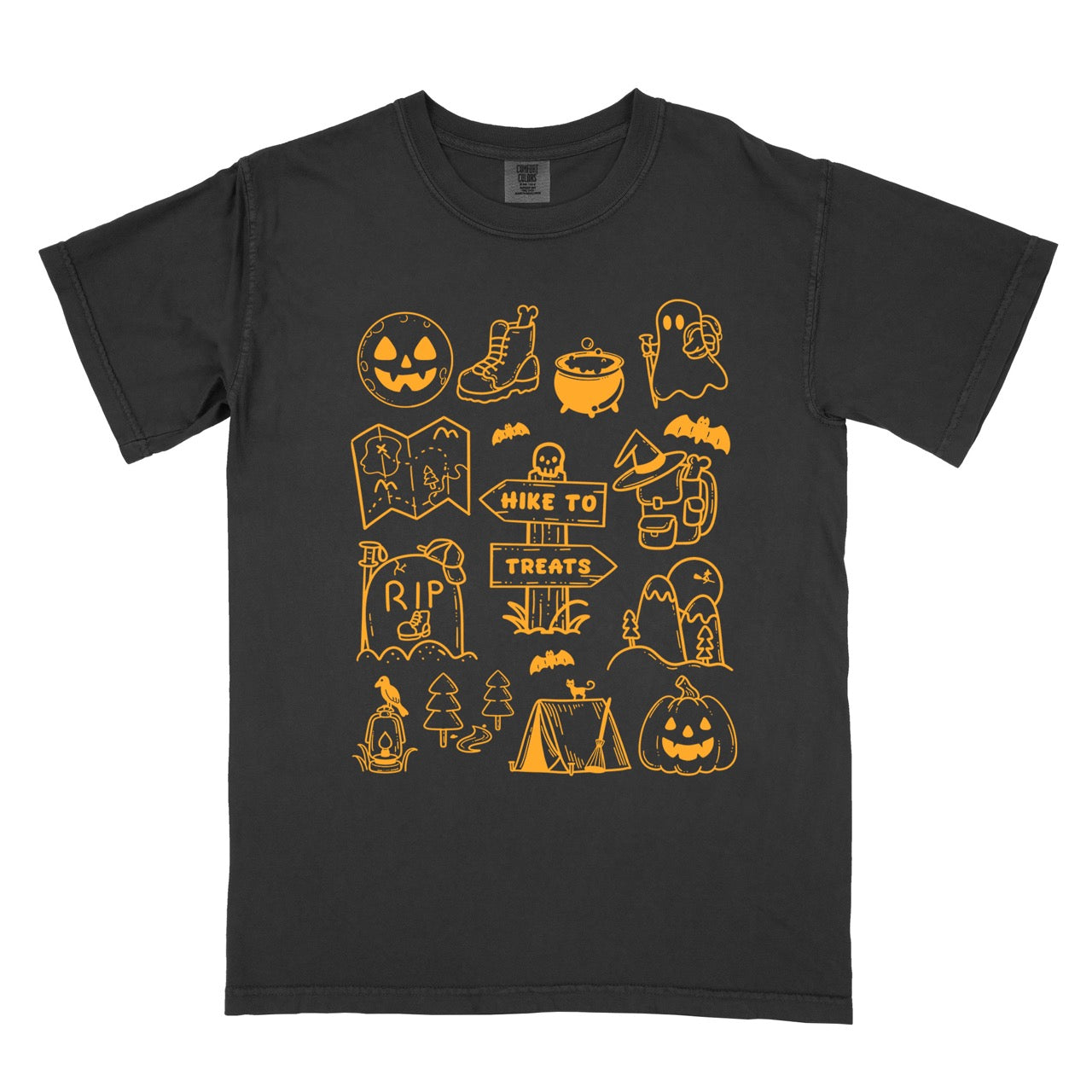 Black Halloween adventure vintage tee featuring illustrated icon collection with jack-o-lantern boots cauldron ghost backpacker map RIP tombstone Hike to Treats trail sign tent pumpkin bats and trees on Comfort Colors shirt for spooky season celebrations for hikers, foodies and adventurers