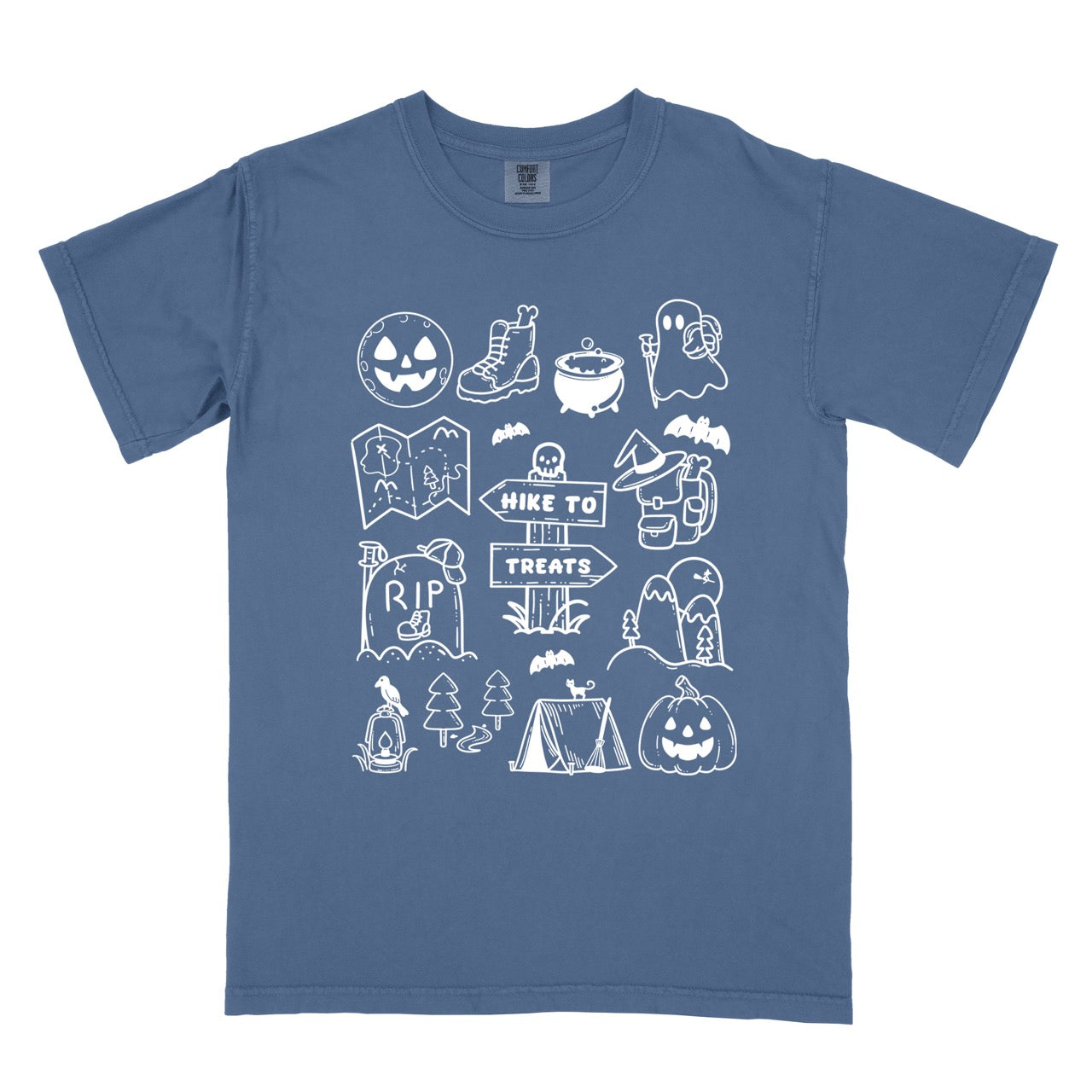 Blue Jean (blue) Halloween adventure vintage tee featuring illustrated icon collection with jack-o-lantern boots cauldron ghost backpacker map RIP tombstone Hike to Treats trail sign tent pumpkin bats and trees on Comfort Colors shirt for spooky season celebrations for hikers, foodies and adventurers