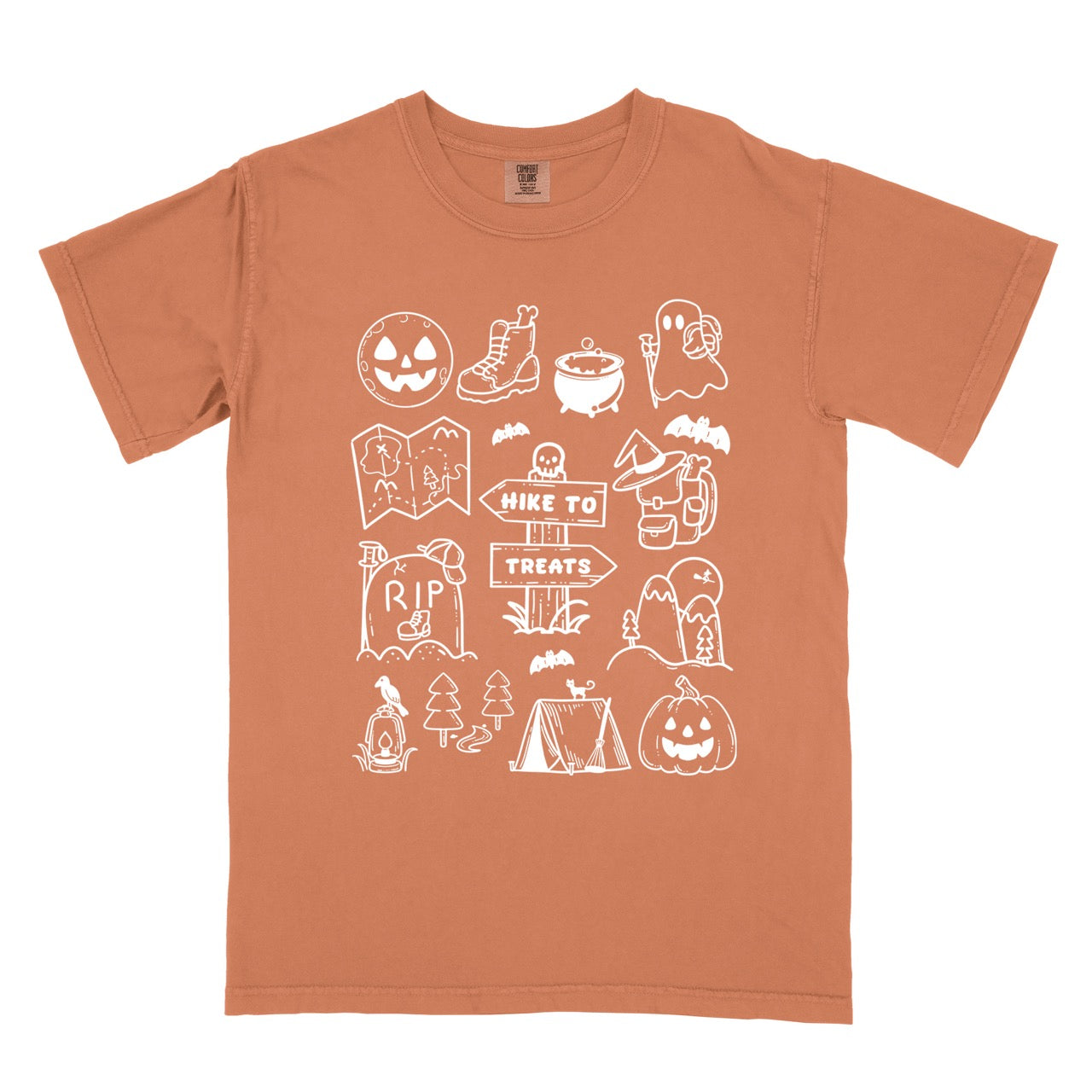 Yam Halloween adventure vintage tee featuring illustrated icon collection with jack-o-lantern boots cauldron ghost backpacker map RIP tombstone Hike to Treats trail sign tent pumpkin bats and trees on Comfort Colors shirt for spooky season celebrations for hikers, foodies and adventurers