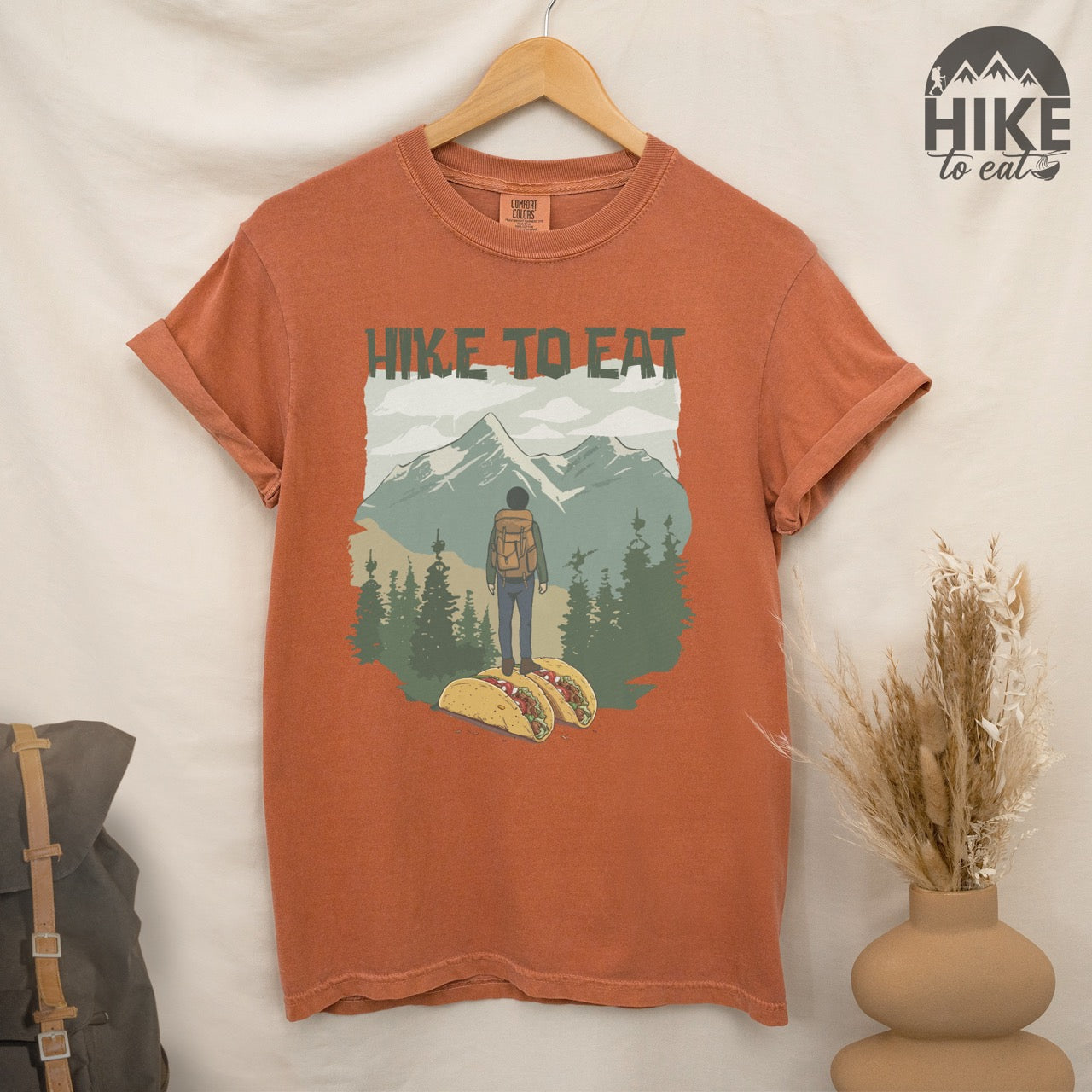 Yam t shirt with Hike to Eat vintage mountain hiker and taco graphic t-shirt - funny hiking shirt for outdoor adventurers, backpackers, and taco enthusiasts