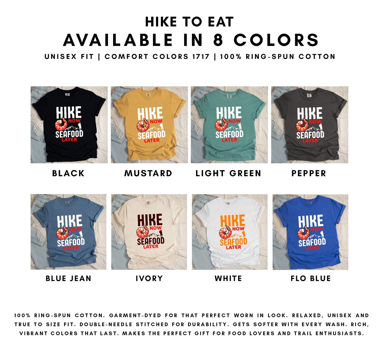 Funny hiking motivation shirt for seafood lovers featuring bold NOW LATER typography, realistic shrimp graphic, mountain landscape illustration, and hiker silhouette on premium outdoor adventure tee perfect gift for trail enthusiasts who love fresh ocean food in 8 colors