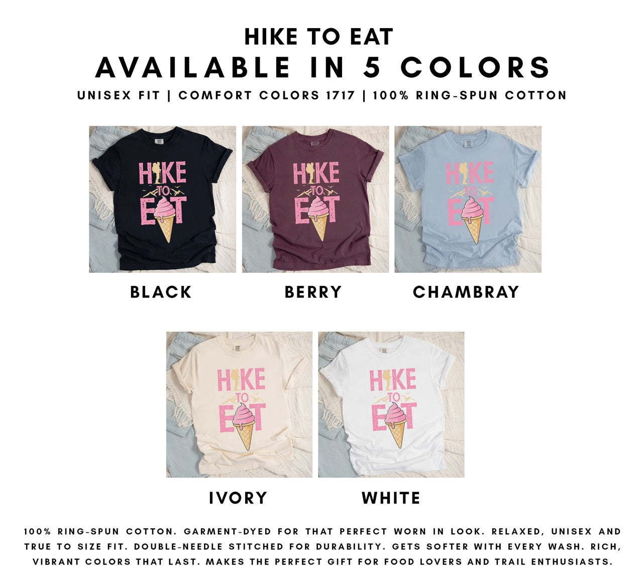 Hike to Eat brand logo t-shirt with distressed pink typography, hiker silhouette integrated into letters, mountain peaks, flying birds, and soft-serve ice cream cone illustration for dessert-loving outdoor enthusiasts in 5 colors