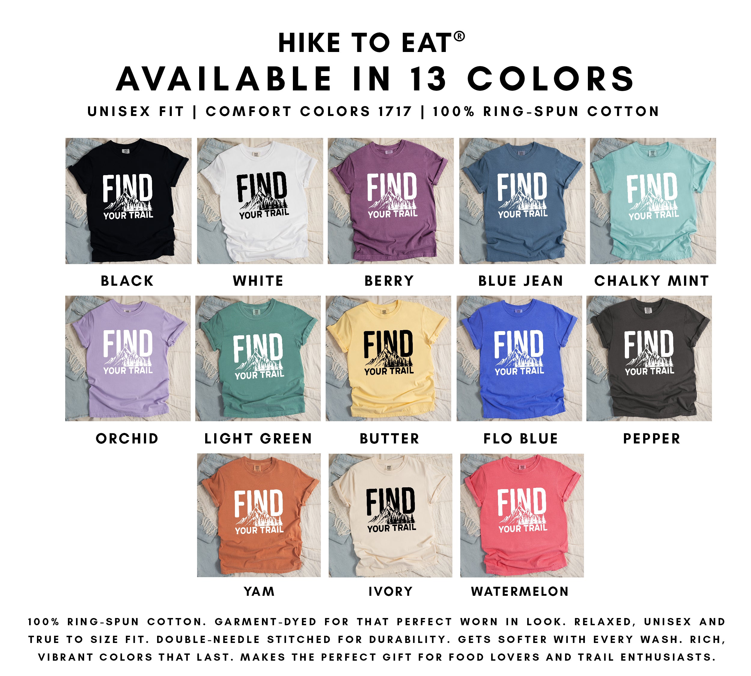 t-shirt color options chart showing 13 available colors including black, white, berry, blue jean, chalky mint, orchid, light green, butter, flo blue, pepper, yam, ivory and watermelon. 