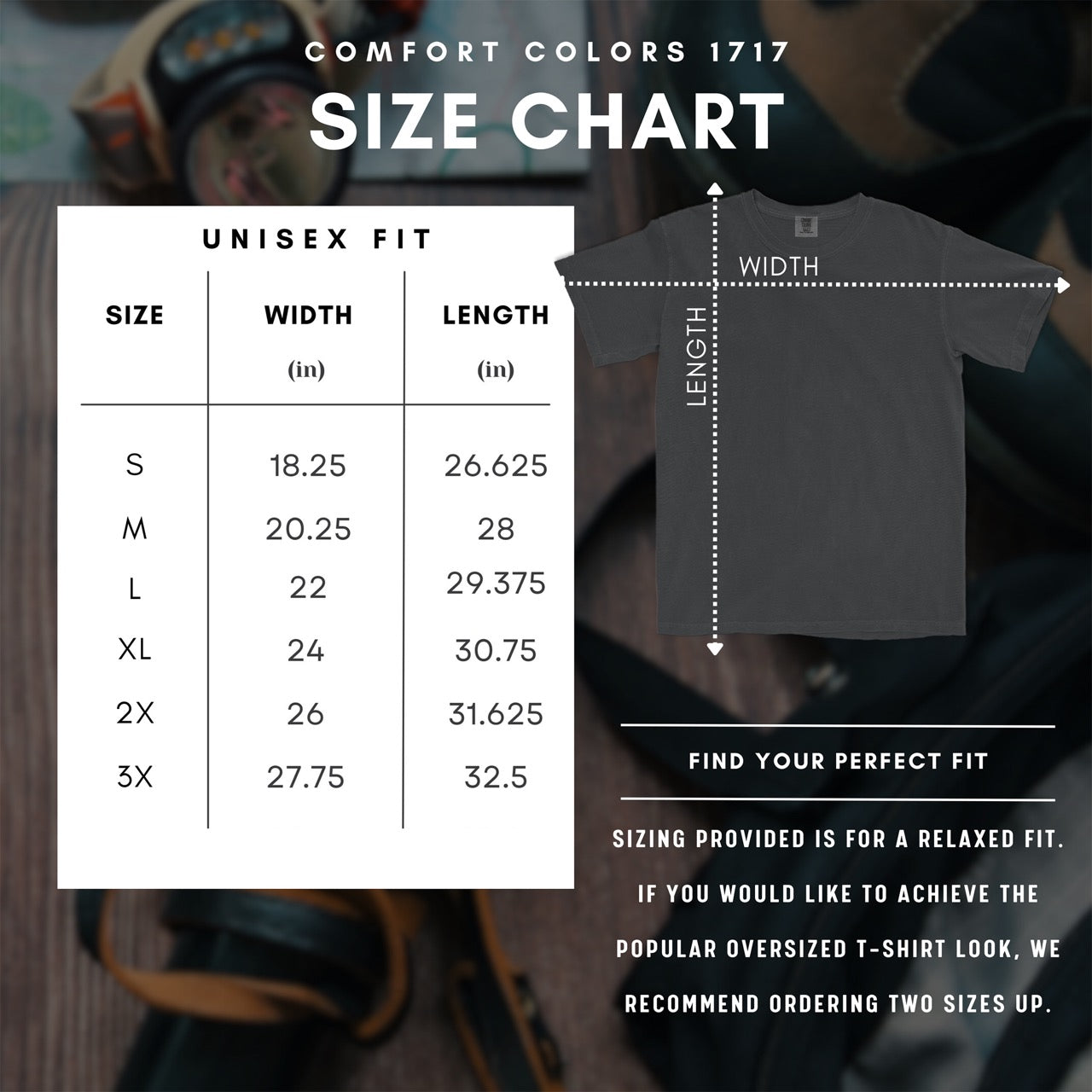 Size chart of Chile con carne is my Hiking Motivation statement tee with bold typography, script lettering, and colorful chili bowl illustration for comfort food-loving outdoor enthusiasts