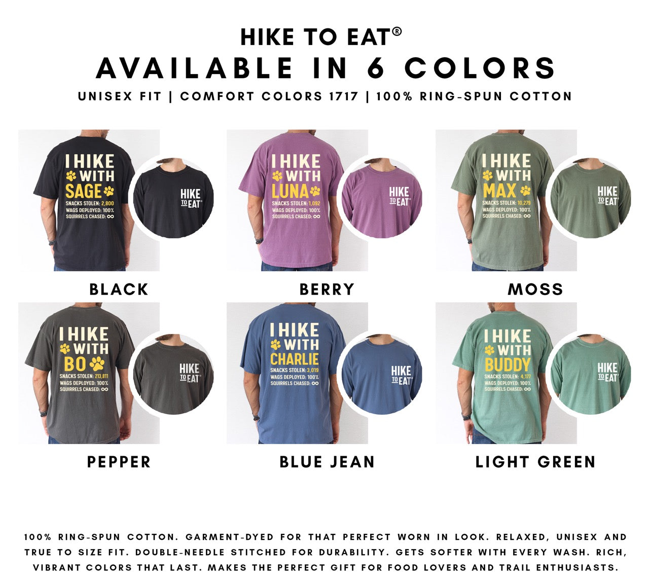 Personalized dog hiking shirt I Hike with custom pet name featuring paw print graphic, funny adventure statistics including snacks stolen wags deployed and squirrels chased on Comfort Colors tee for outdoor pet lovers in 6 different colors