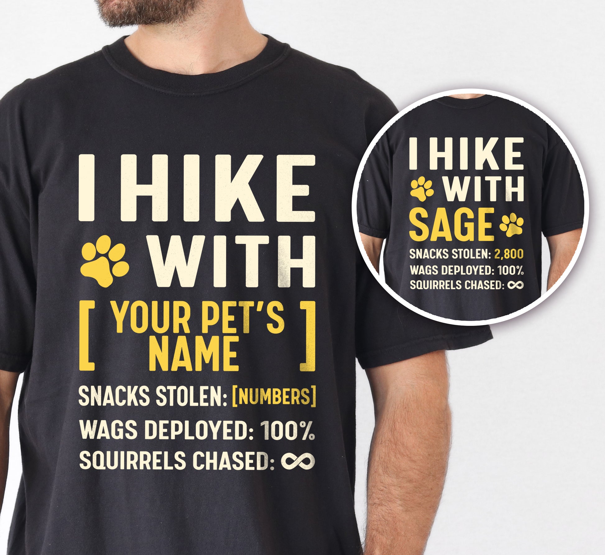 Black graphic t-shirt with 'Personalized Trail Companion' design featuring 'I Hike with' text and customizable pet name field in cream and yellow lettering with paw prints, plus hiking stats with customizable snacks stolen number, wags deployed 100%, and squirrels chased infinity, shown with close-up detail.