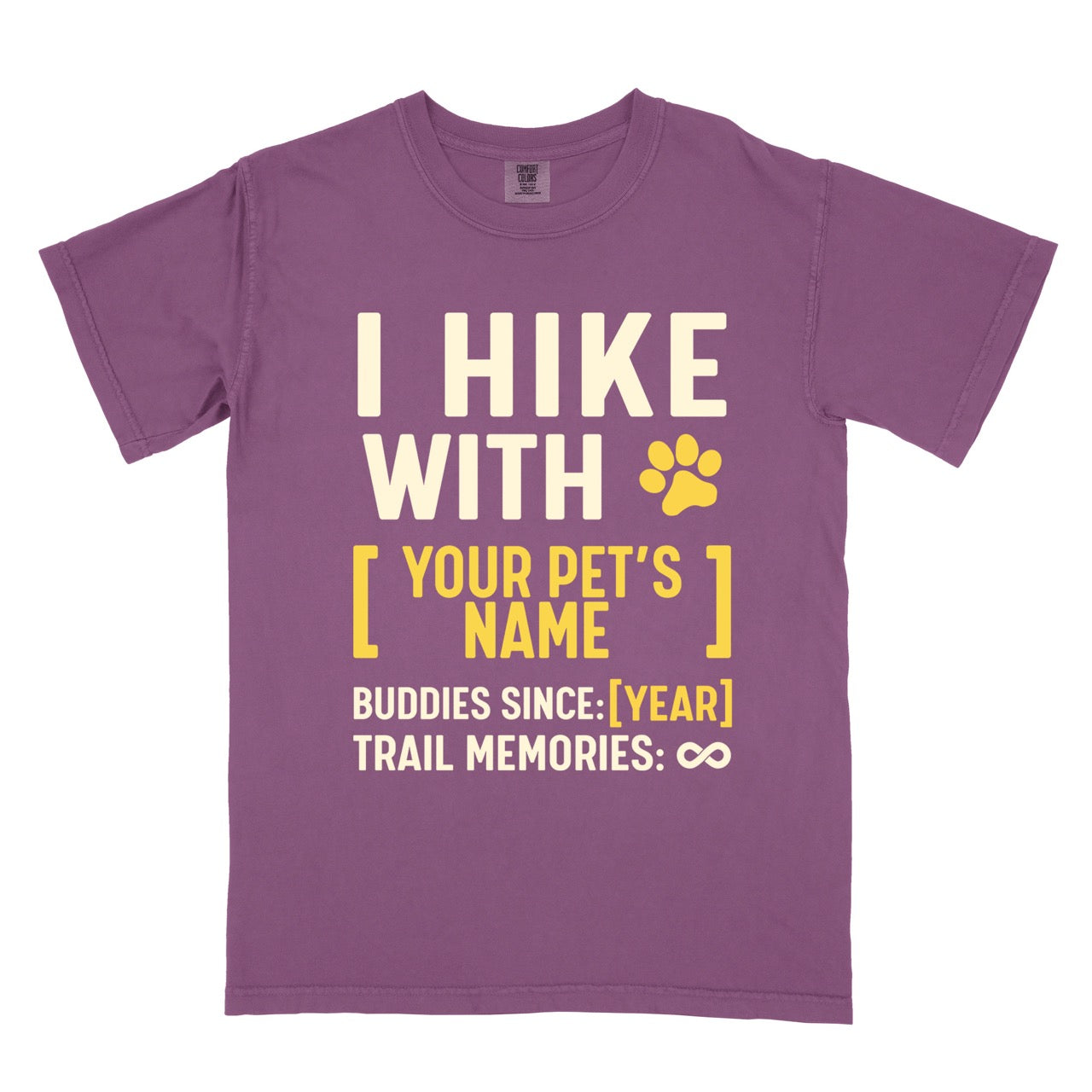 Berry (purple) Personalized trail buddies shirt for dog hikers with custom pet name paw print and buddies since year featuring infinite memories design perfect gift for outdoor enthusiasts and their canine hiking partners