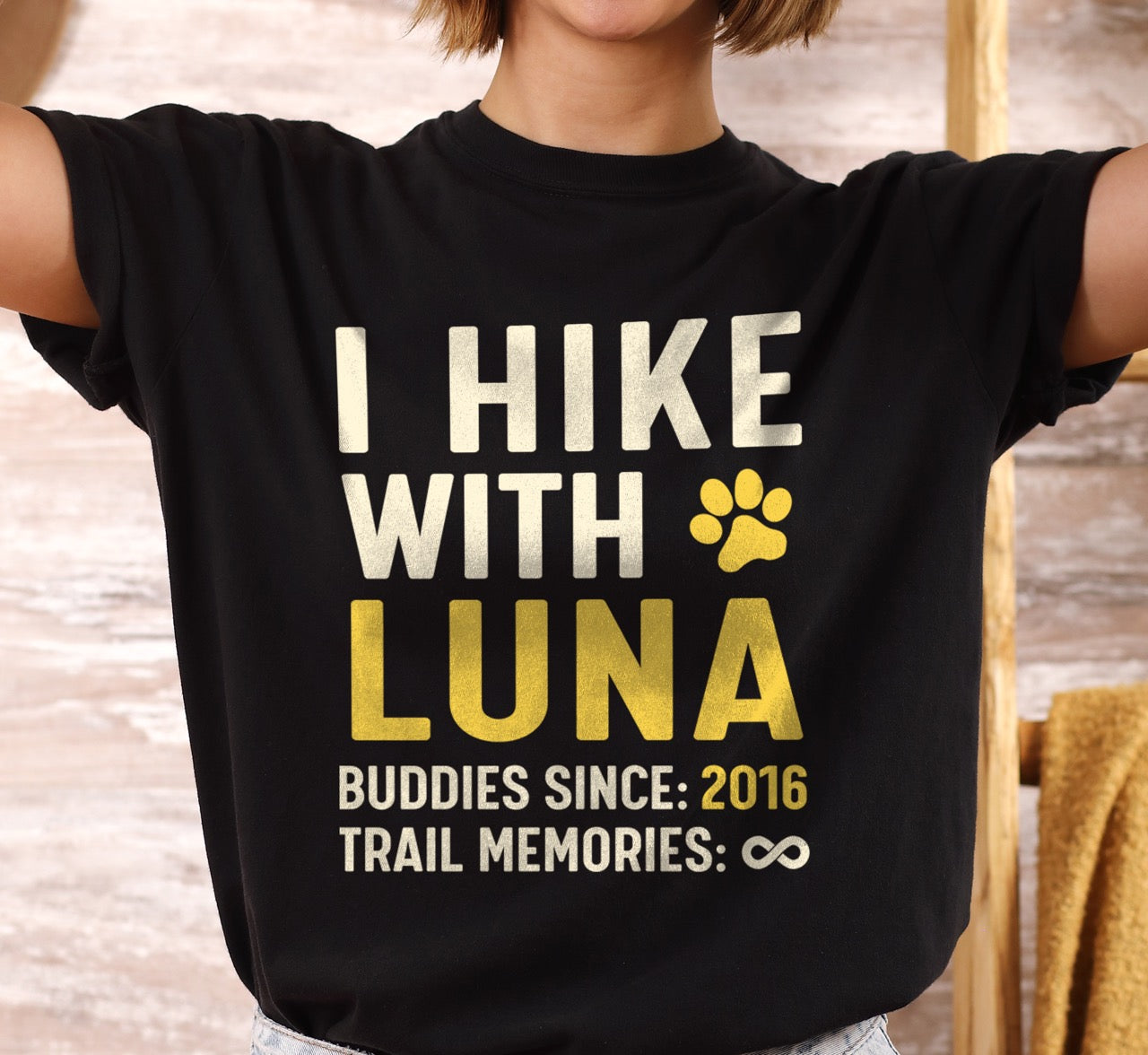 Woman wearing Personalized trail buddies shirt for dog hikers with custom pet name of Luna, paw print and buddies since year  of 2016 featuring infinite memories design perfect gift for outdoor enthusiasts and their canine hiking partners