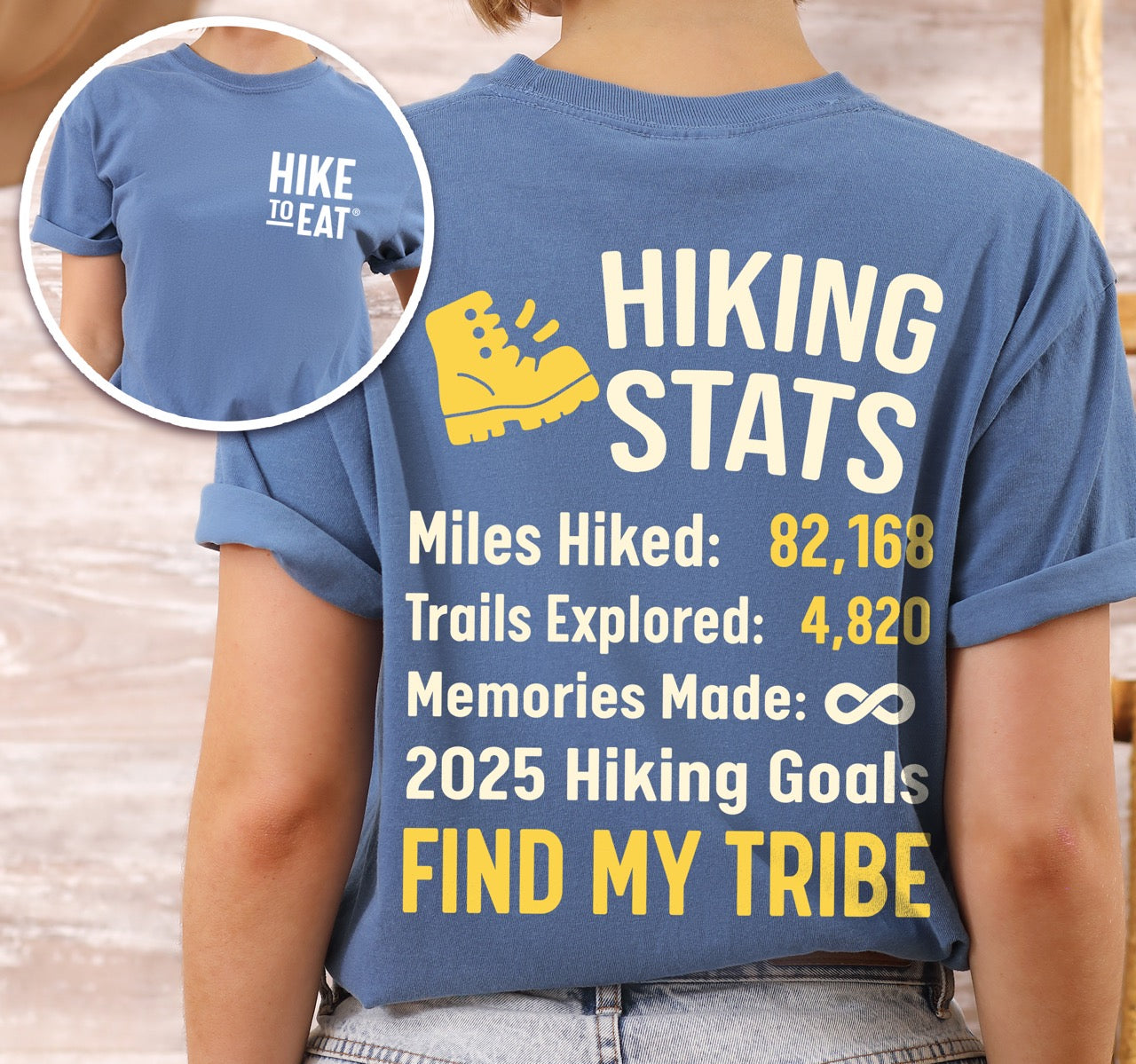 Blue Jean  t-shirt with 'Hiking Stats' design on a person, with close-up insets of text details including mile hiked, trails explored, memories made with 2025 hiking goals