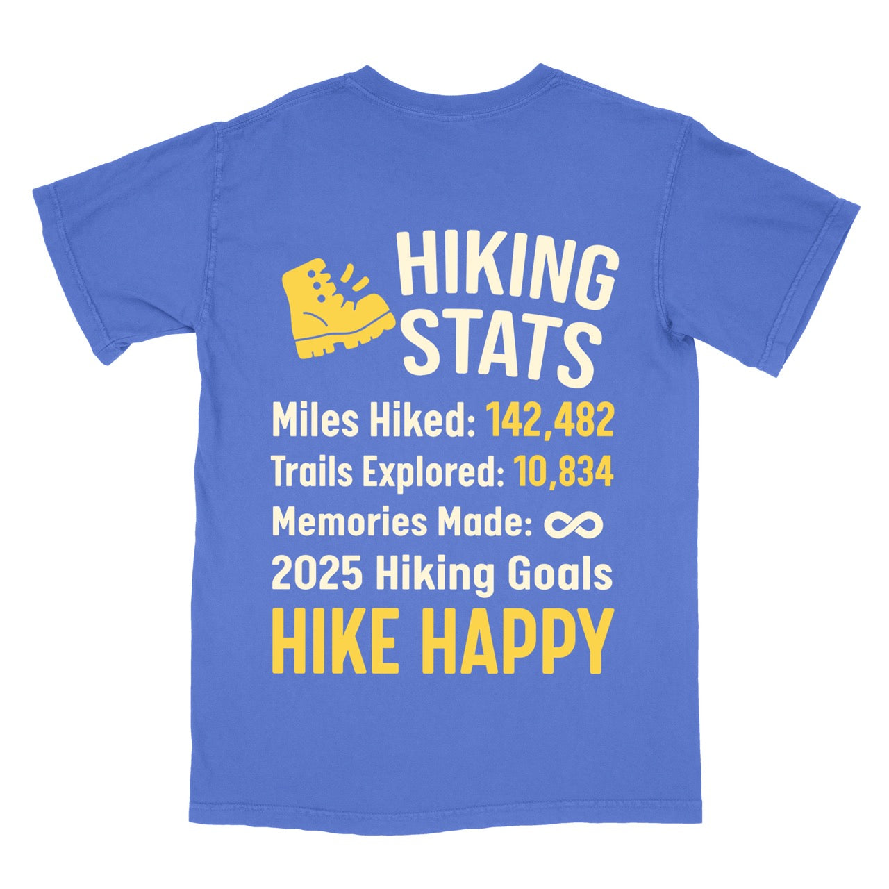  Flo Blu t-shirt with 'Hiking Stats' design on a person, with close-up insets of text details including mile hiked, trails explored, memories made with 2025 hiking goals
