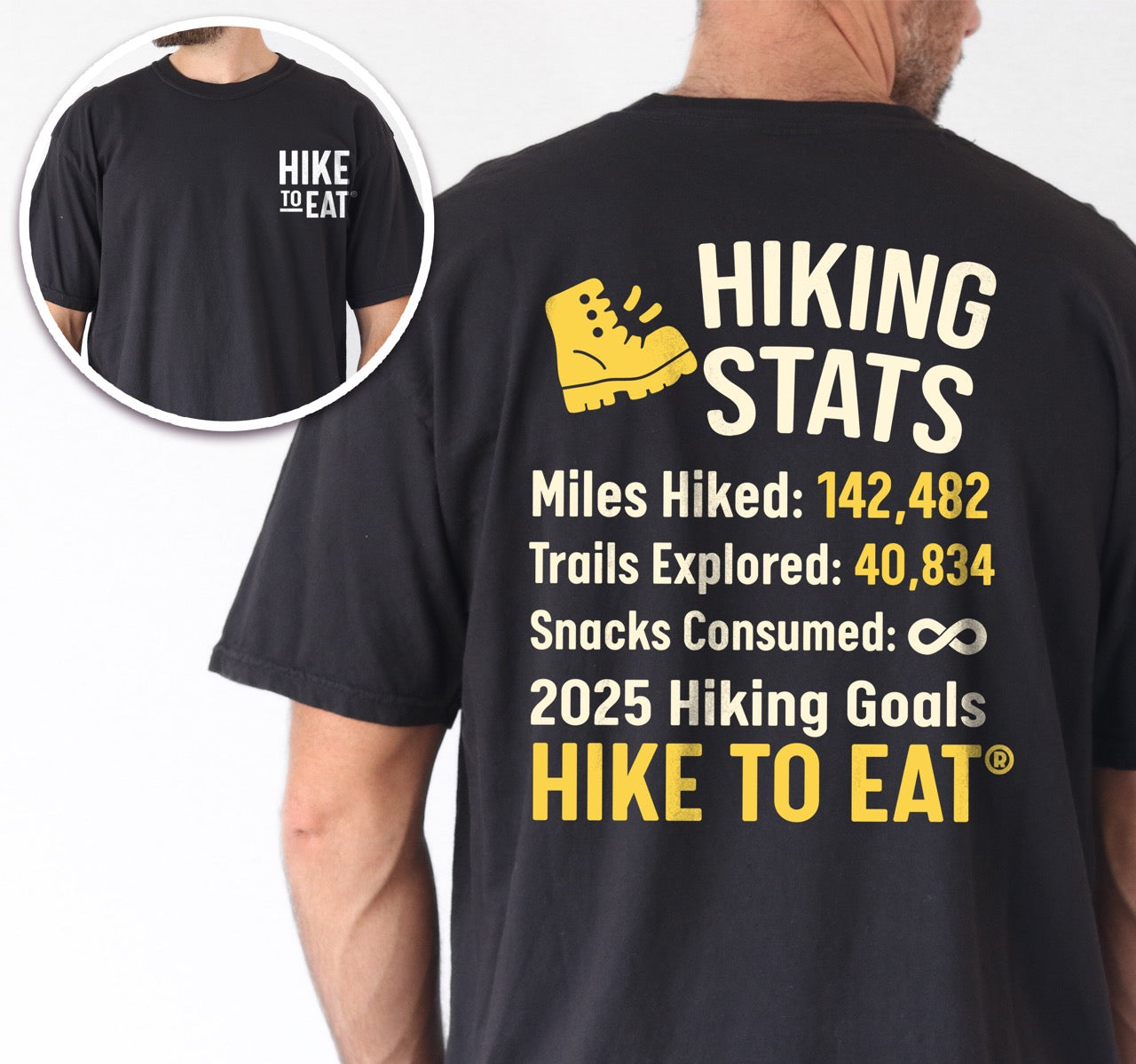 Man wearing black Hiking Snack Stats t shirt with miles hiked, trail explored, snack consumed as infinity and a 2025 hiking goal choice of Hike to eat