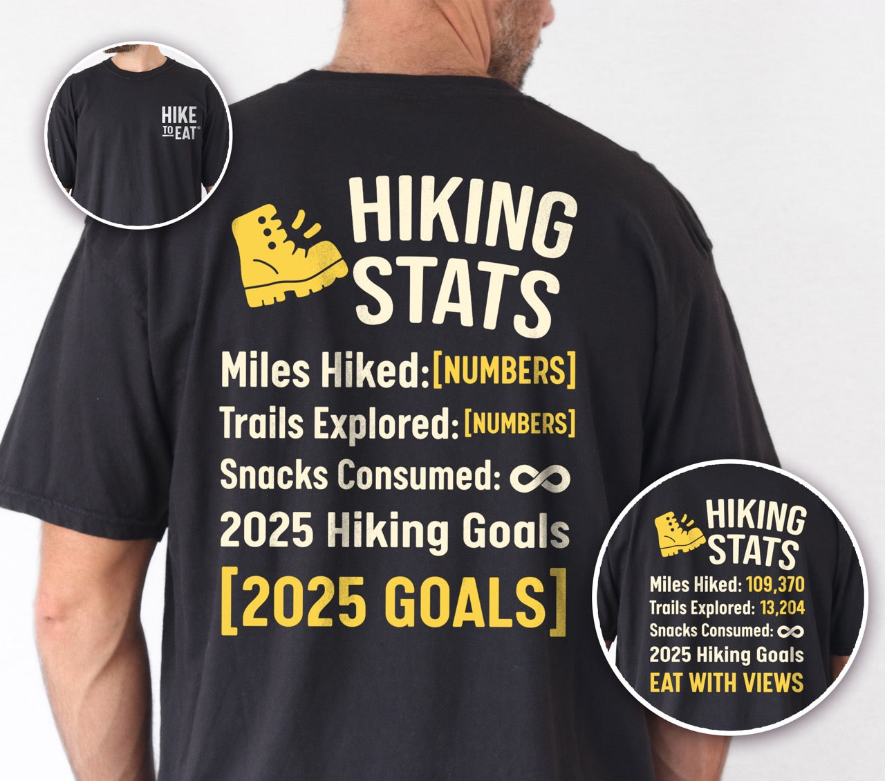 Man wearing black Hiking Snack Stats t shirt with miles hiked, trail explored, snack consumed as infinity and a 2025 hiking goal choice. 