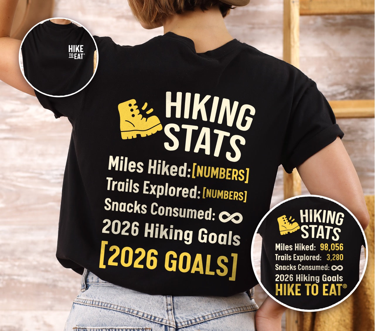 Woman wearing black Hiking Snack Stats t shirt with miles hiked, trail explored, snack consumed as infinity and a 2026 hiking goal choice of earn every bite
