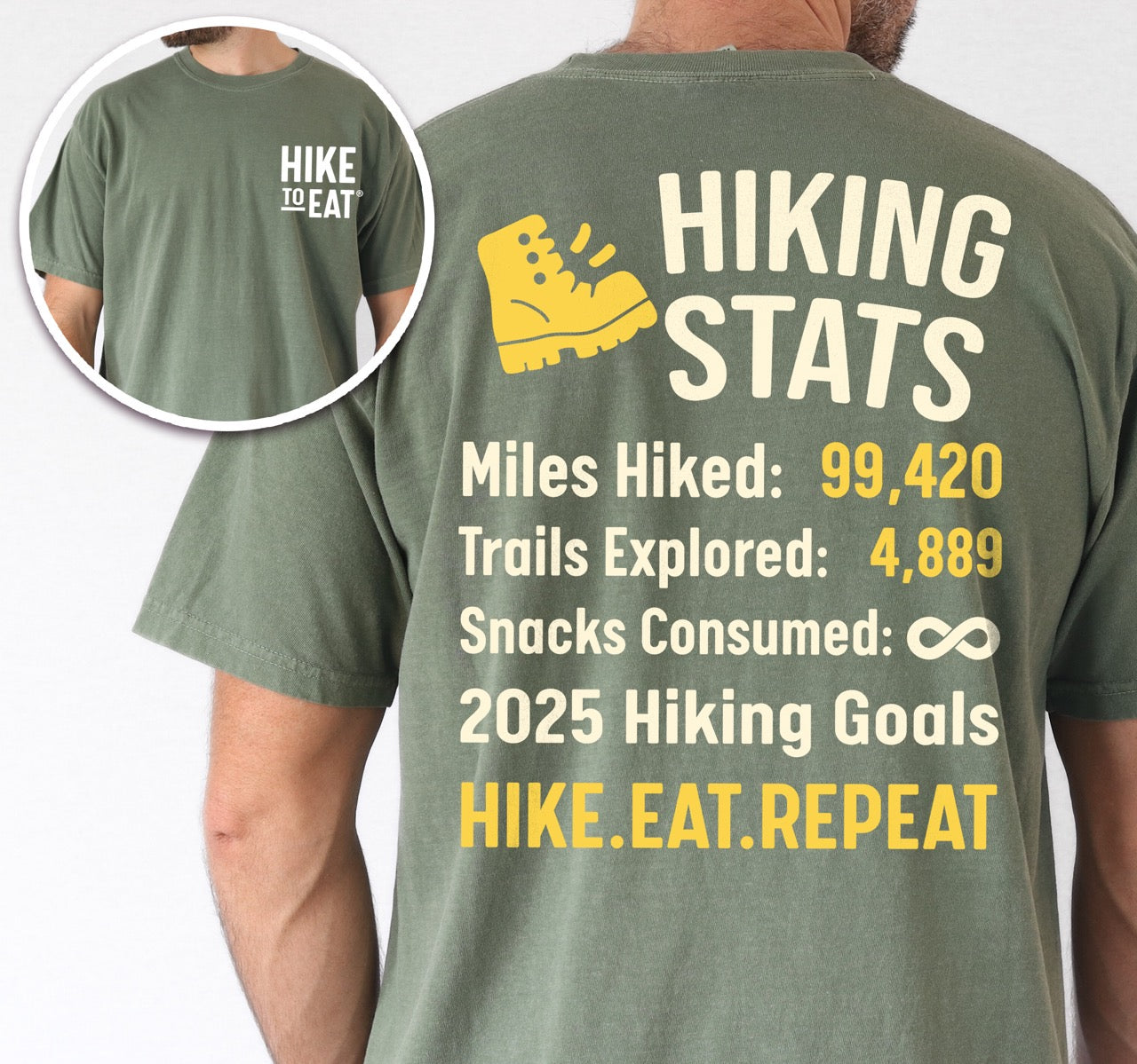 man wearing moss (green) Hiking Snack Stats t shirt with miles hiked, trail explored, snack consumed as infinity and a 2025 hiking goal choice of hike eat repeat