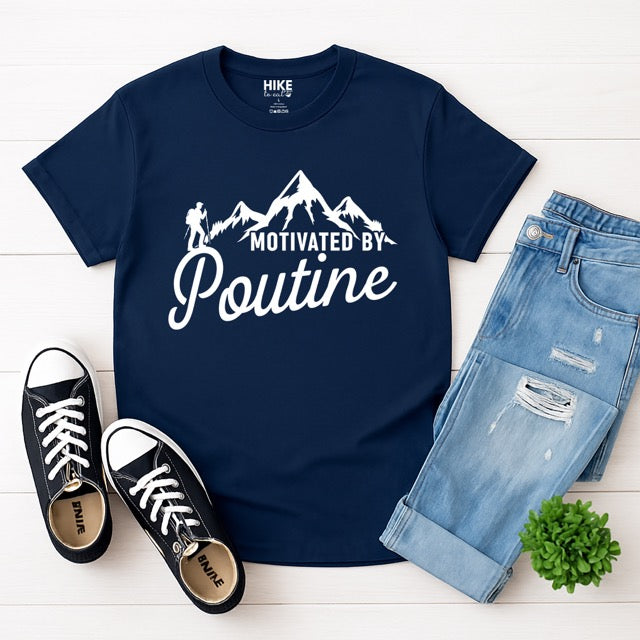 Navy (blue) Cornsilk (yellow) Motivated by Poutine statement tee with distressed typography, mountain peaks, and hiker silhouette for poutine lovers and canadian food lovers