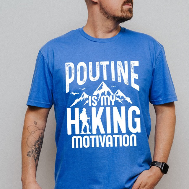 Man wearing royal (blue) Poutine is my Hiking Motivation statement tee with distressed typography, mountains, birds, and backpacker silhouette for poutine enthusiasts