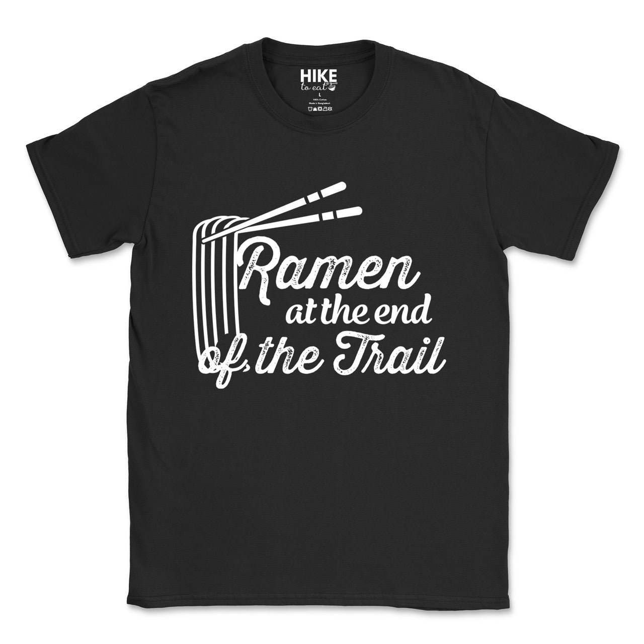 Black Ramen at the End of the Trail statement tee with elegant script typography, ramen bowl illustration, and chopsticks for Japanese noodle-loving outdoor enthusiasts, foodies and hikers