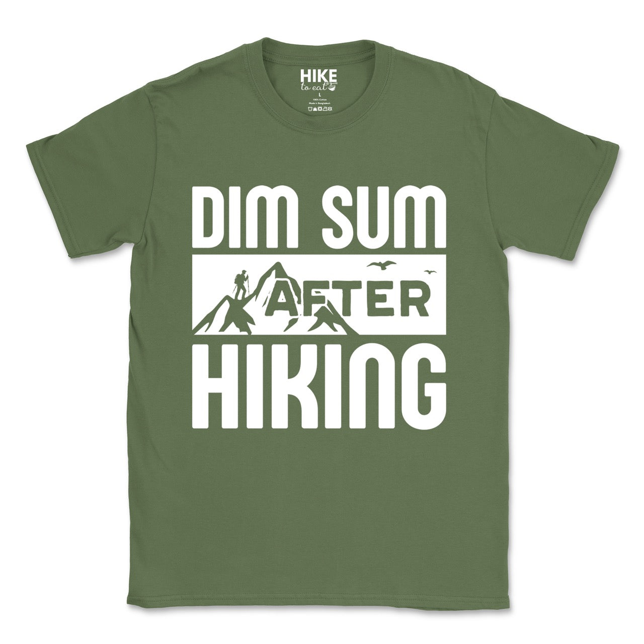 Military Green Dim Sum after Hiking statement tee with bold typography, mountain peaks, hiker silhouette, and flying birds for Chinese food-loving outdoor enthusiasts, hikers and foodies