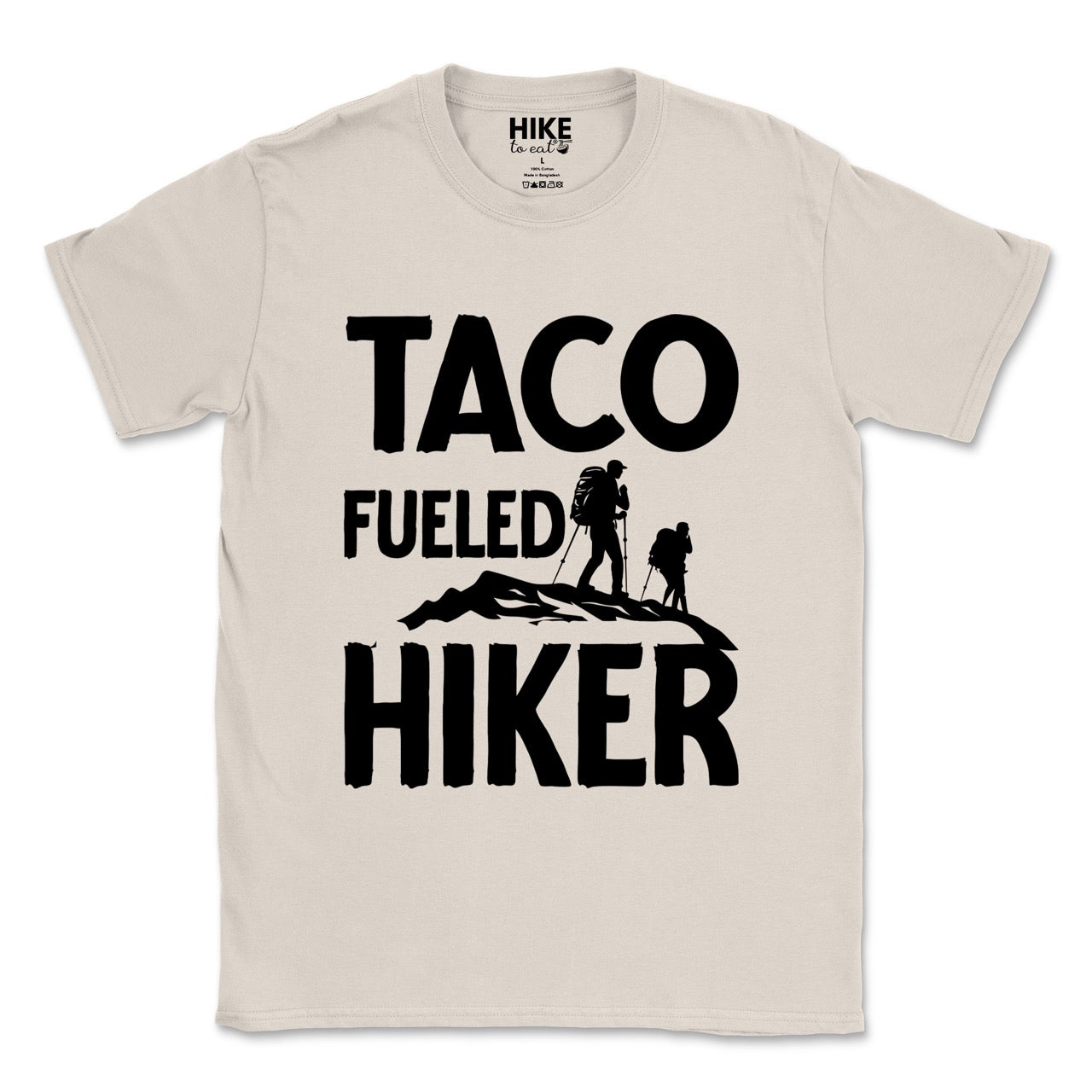 Natural (beige) Royal blue Taco Fueled Hiker statement tee with bold distressed typography and two hiker silhouettes on mountain ridge for Mexican food-loving outdoor enthusiasts, hikers and foodies