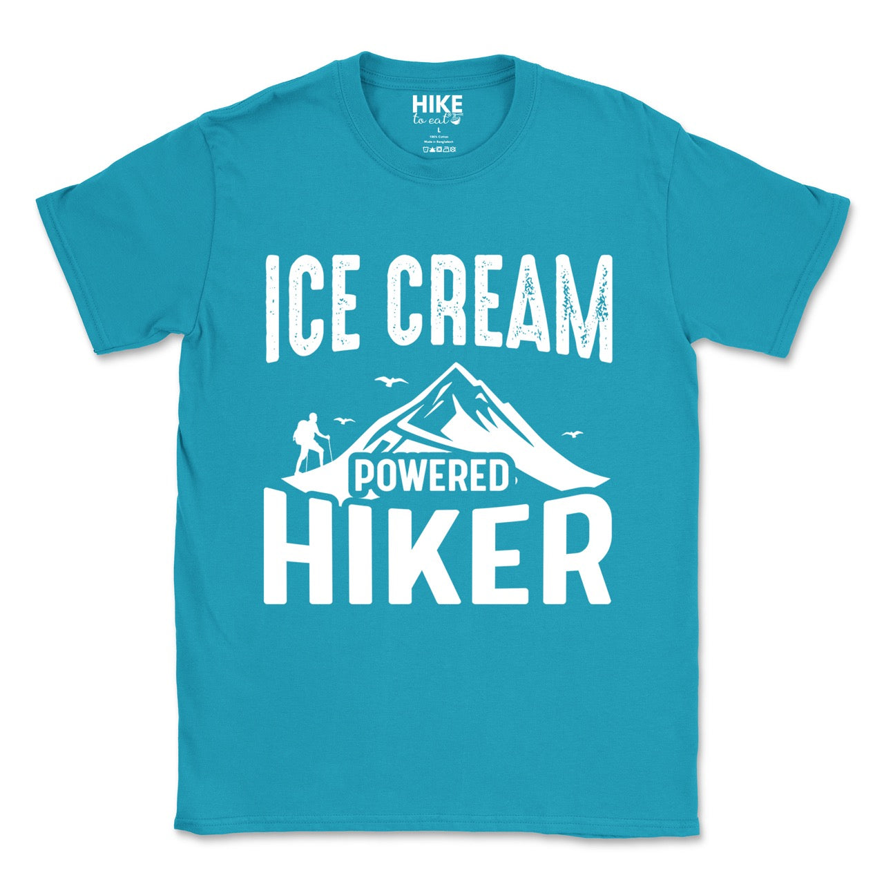 Tropical blue Ice Cream Powered Hiker statement tee with bold distressed typography, mountain peaks, hiker silhouette, and flying birds for dessert-loving outdoor enthusiasts, hikers and foodies