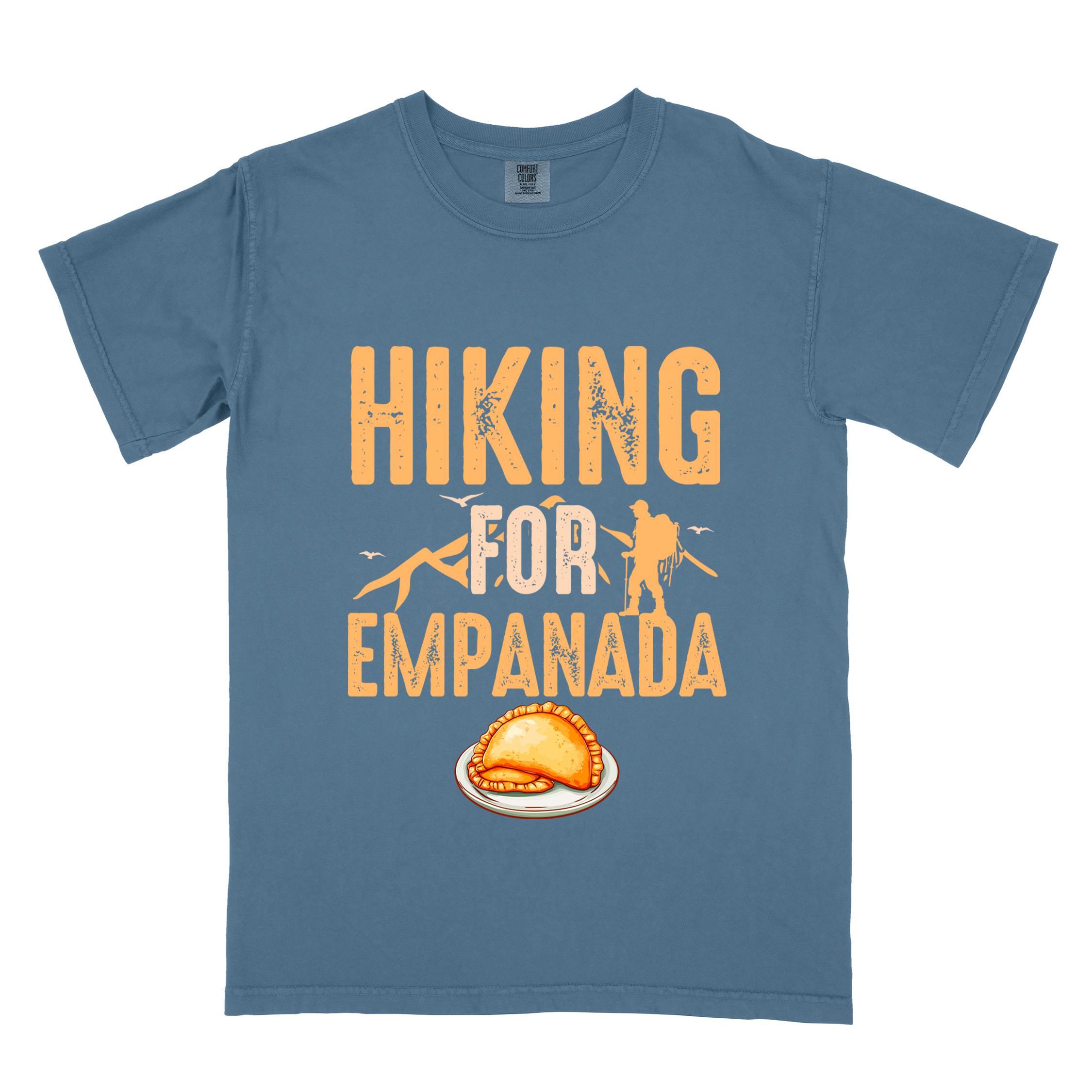 Blue jean "Hiking for empanada" colored vintage tee with bold typography, illustrated freshly baked empanada, mountains, birds, and backpackers for asian cuisine enthusiasts.