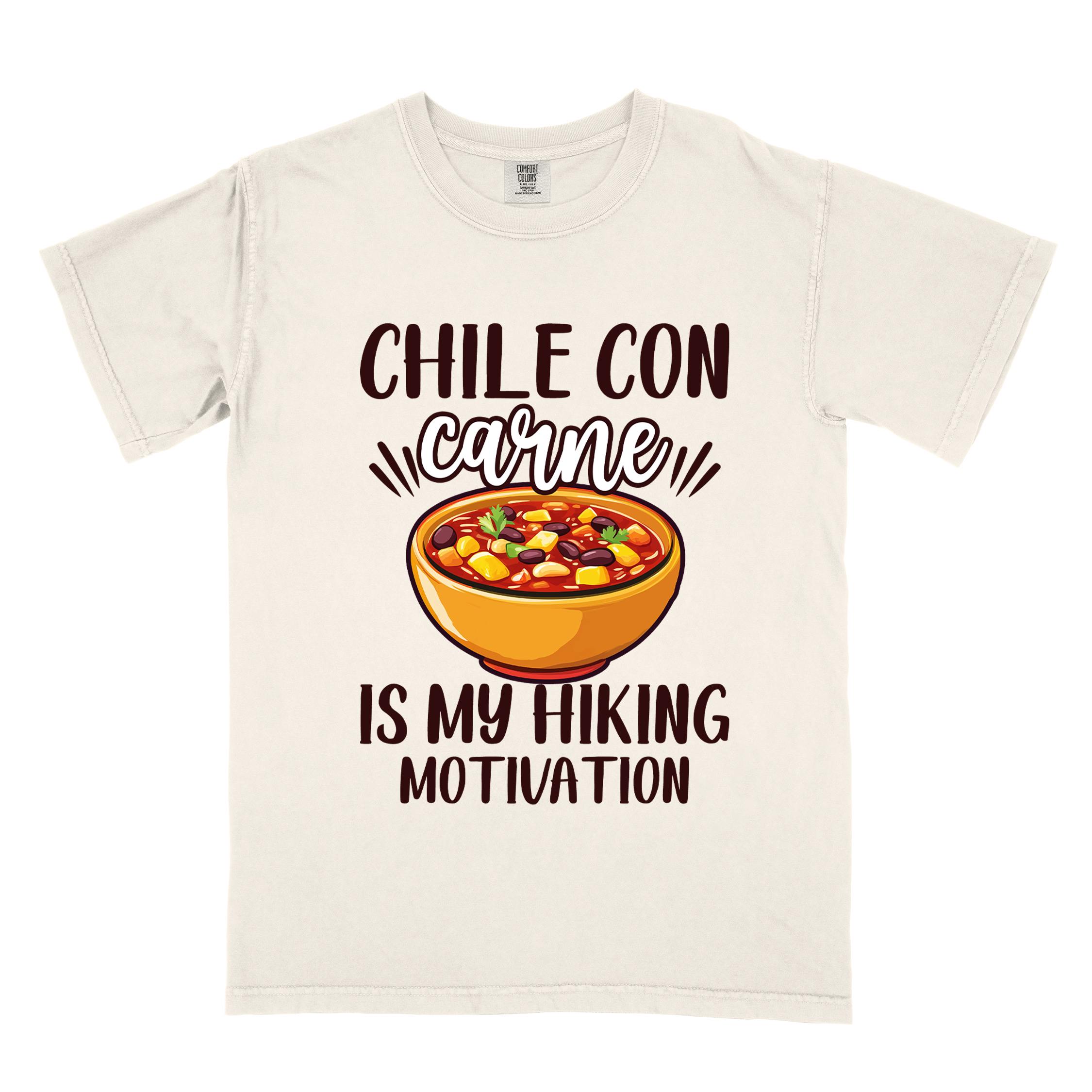 Ivory Chile con carne is my Hiking Motivation statement tee with bold typography, script lettering, and colorful chili bowl illustration for comfort food-loving outdoor enthusiasts