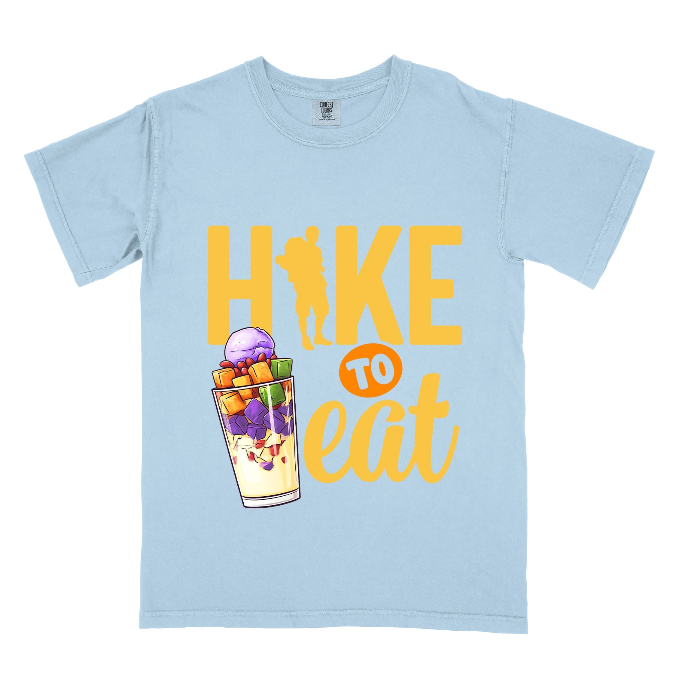 Chambray "hike to eat" colored vintage tee with bold typography, illustrated halo-halo dessert, and backpackers for iced dessert lovers.