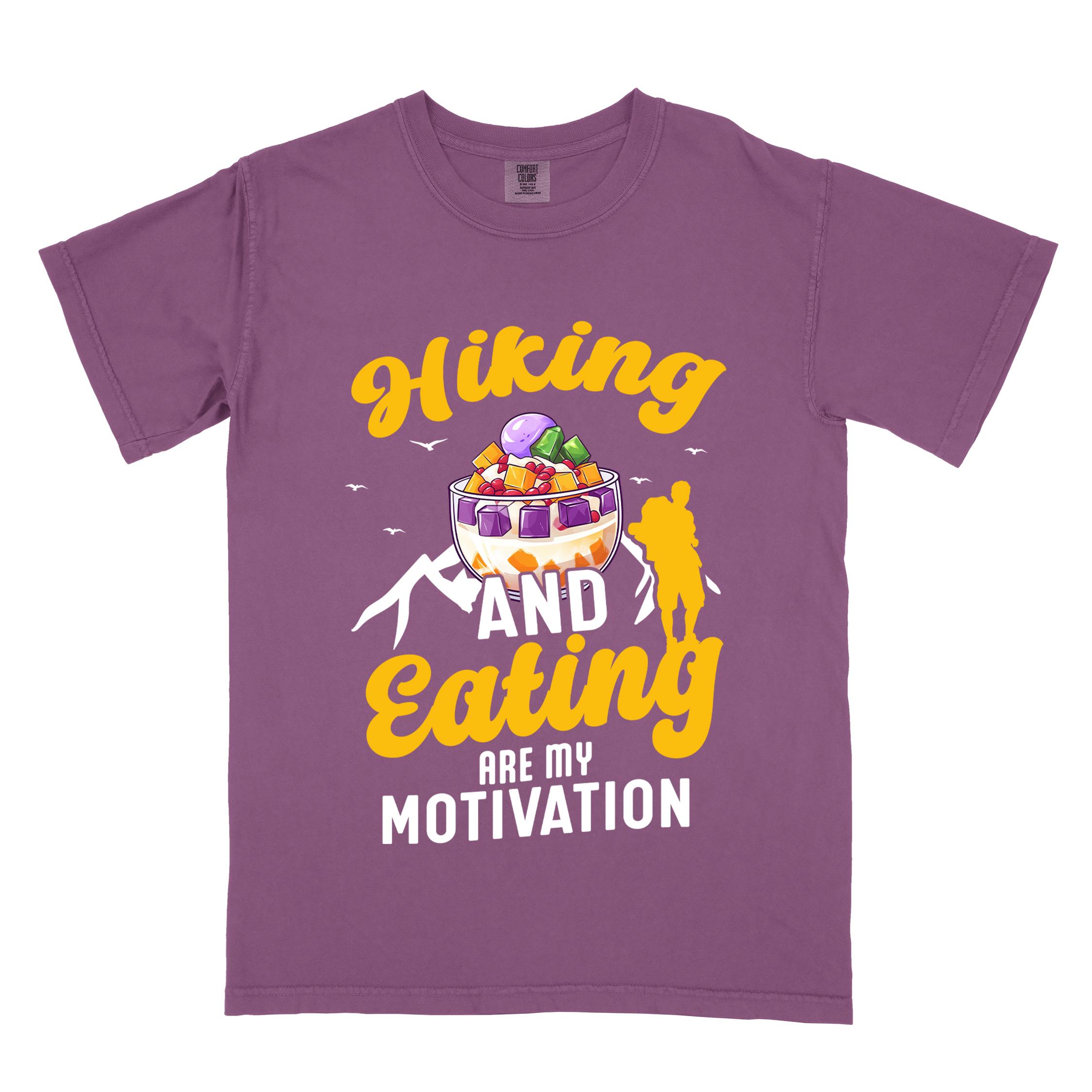Berry "hiking and eating are my motivation" colored vintage tee with bold typography, illustrated halo-halo dessert, and backpackers for filipino dessert lovers.