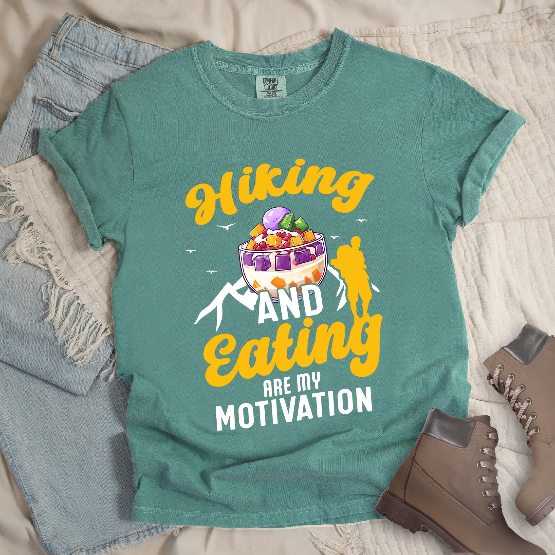 Green shirt with Hiking Design featuring the phrase “Hiking and Eating Are My Motivation” and an illustration of halo-halo in a bowl.