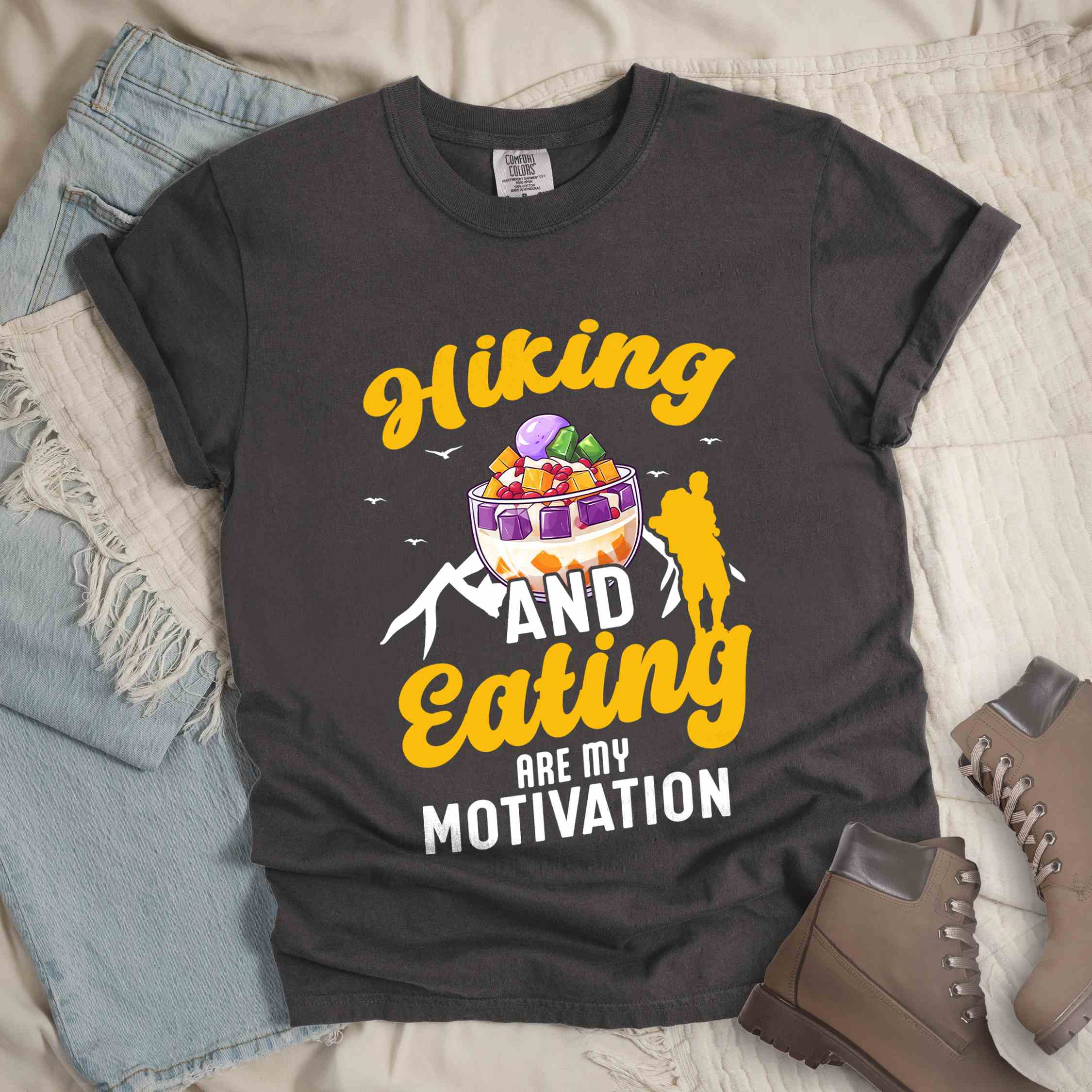Pepper "hiking and eating are my motivation" colored vintage tee with bold typography, illustrated halo-halo dessert, and backpackers for filipino dessert lovers.
