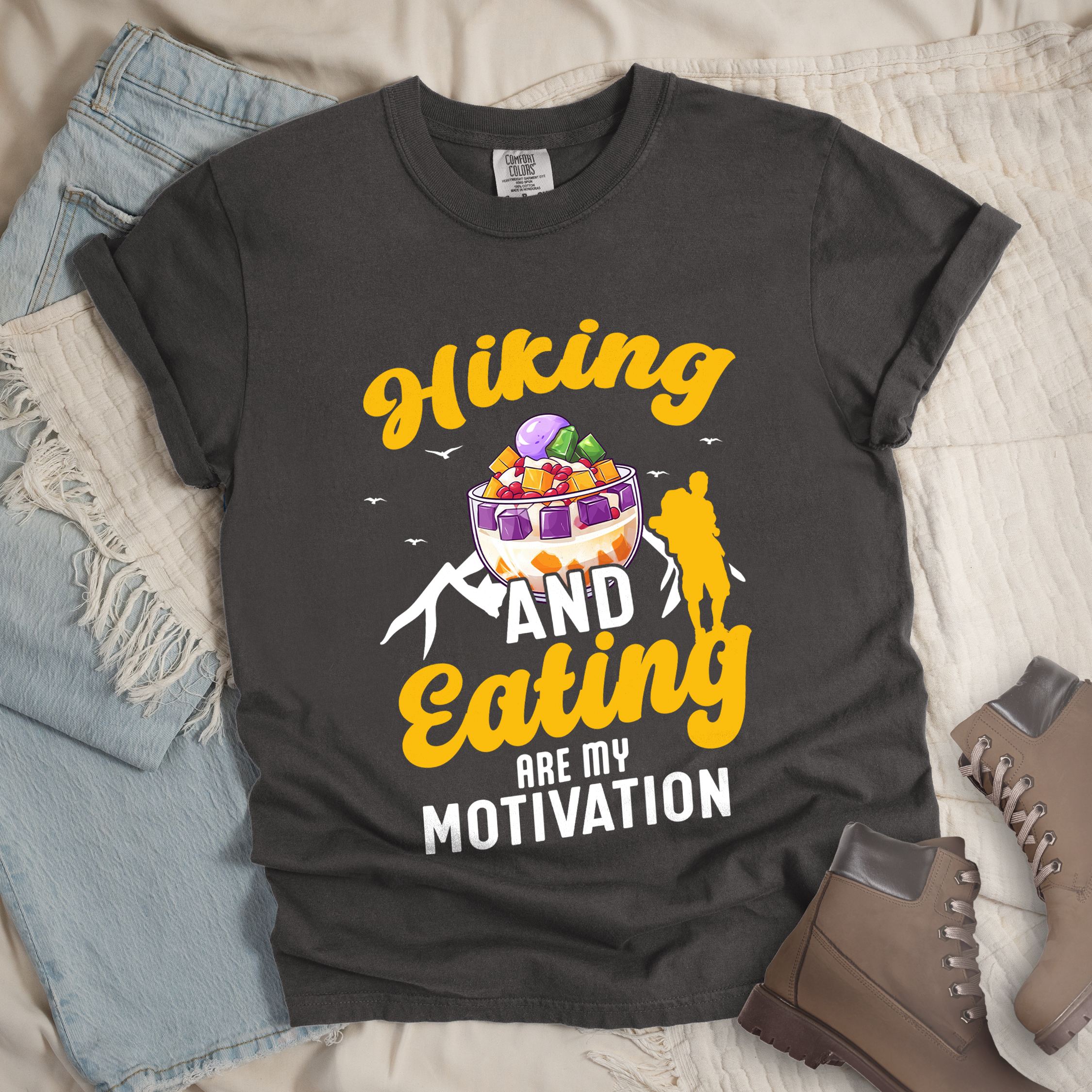 Dark grey shirt with Hiking Design featuring the phrase “Hiking and Eating Are My Motivation” and an illustration of halo-halo in a bowl.