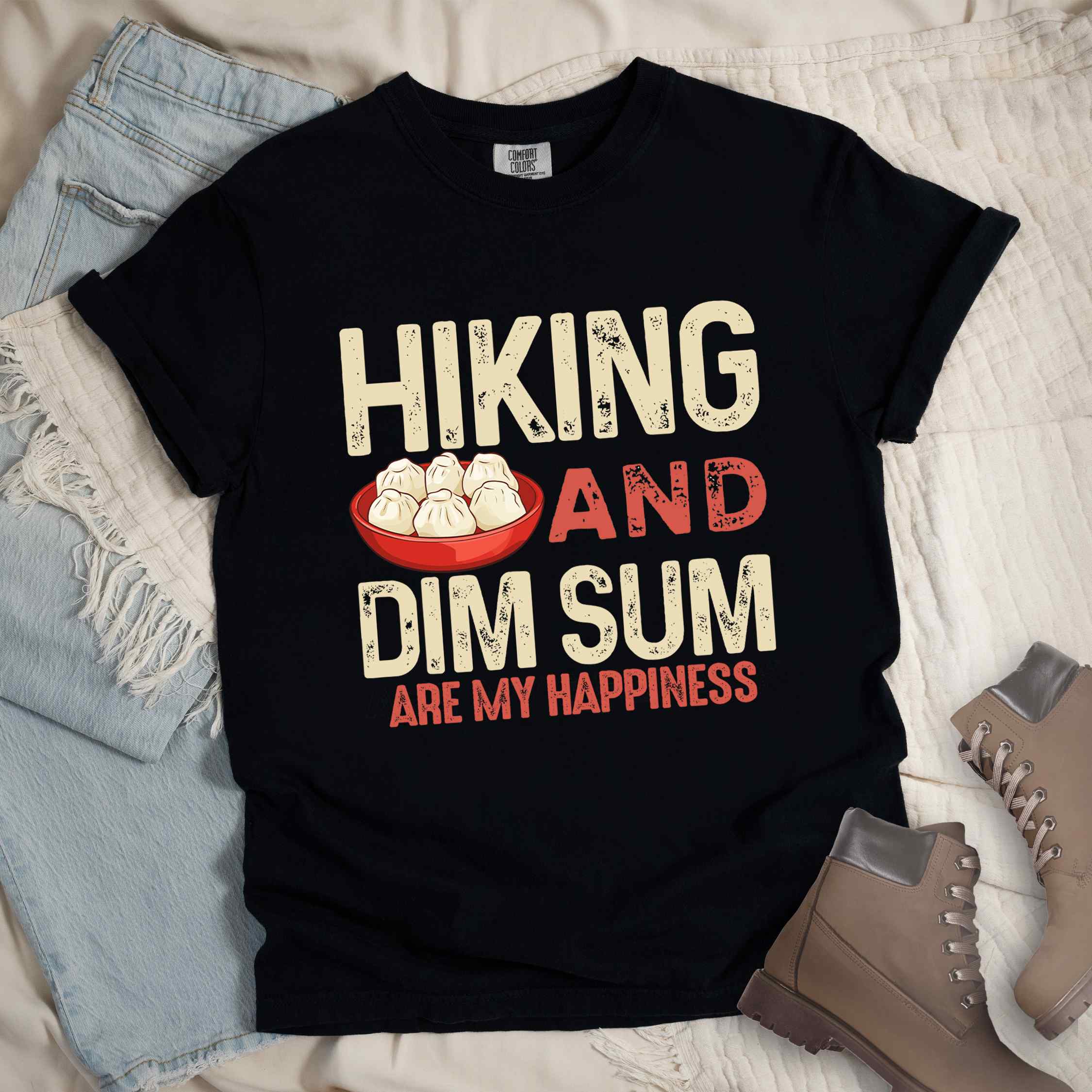 Black "Hiking and dim sum are my happiness" colored statement tee with bold typography, and steamed dim sum illustration for dim sum-loving outdoor enthusiasts, hikers and foodies
