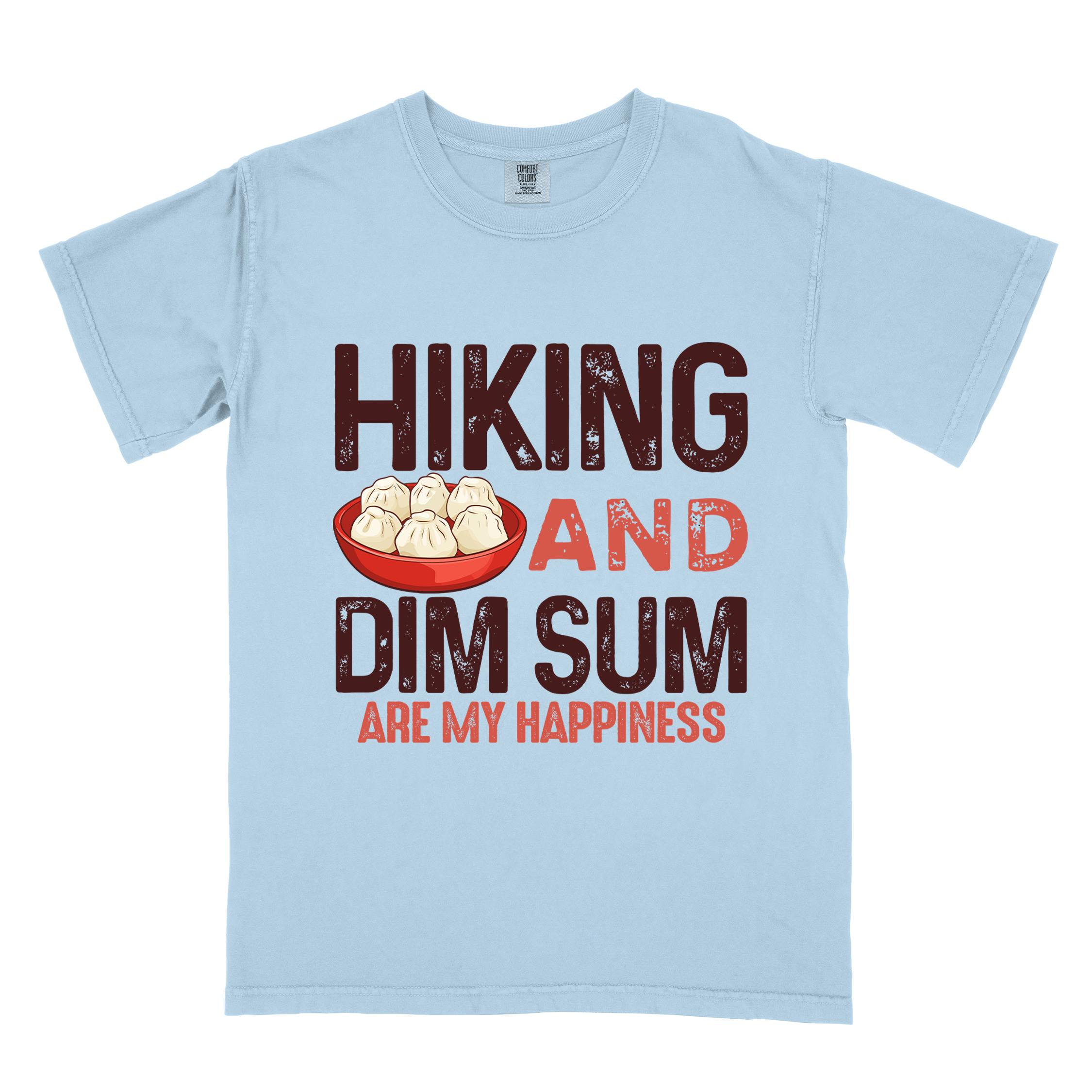 Chambray "Hiking and dim sum are my happiness" colored statement tee with bold typography, and steamed dim sum illustration for dim sum-loving outdoor enthusiasts, hikers and foodies