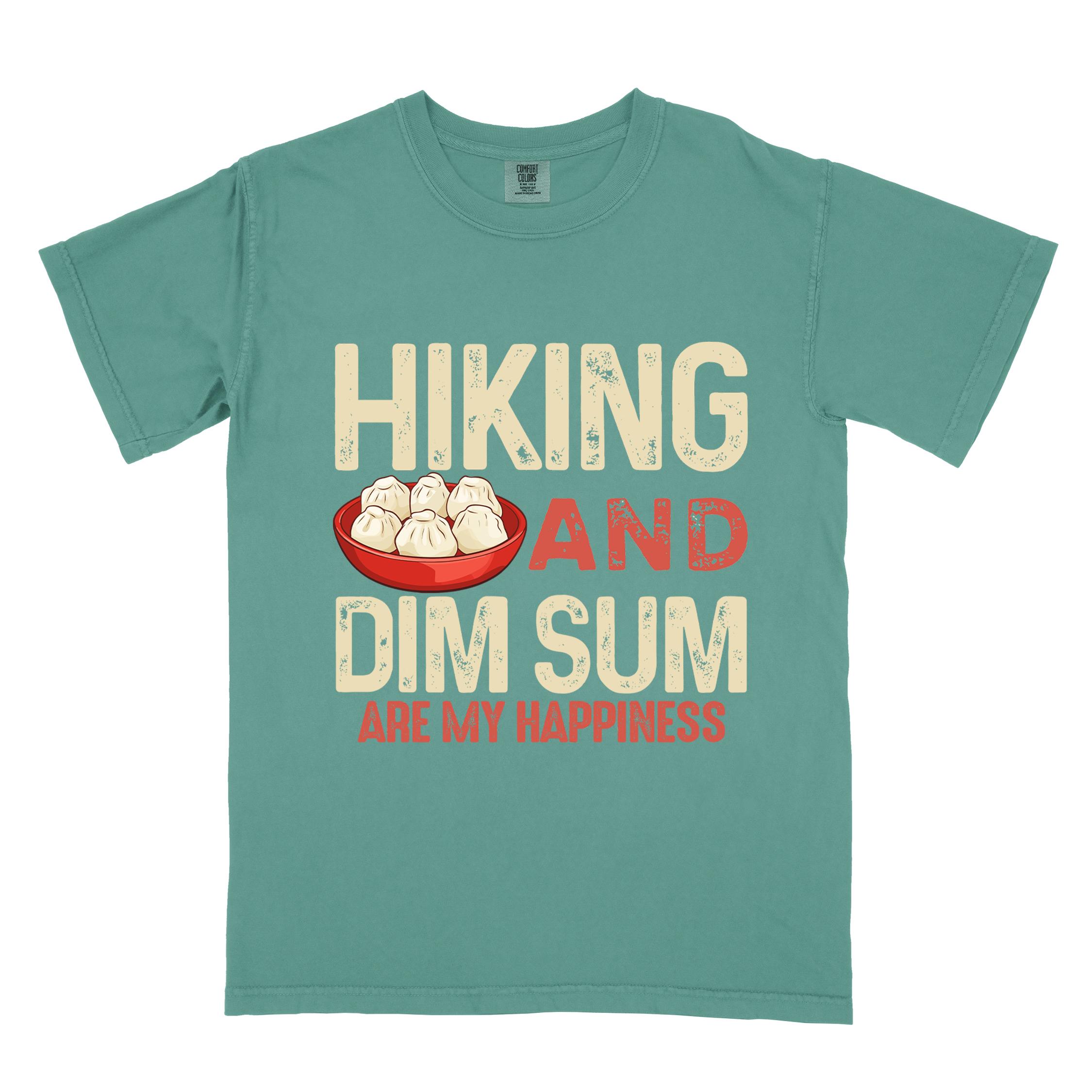 Light green "Hiking and dim sum are my happiness" colored statement tee with bold typography, and steamed dim sum illustration for dim sum-loving outdoor enthusiasts, hikers and foodies