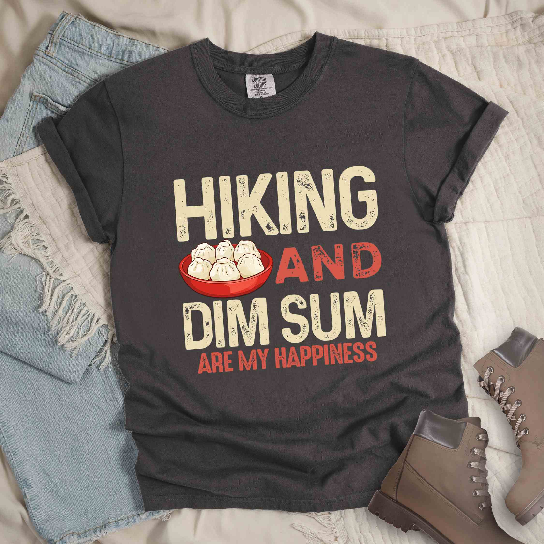 Pepper "Hiking and dim sum are my happiness" colored statement tee with bold typography, and steamed dim sum illustration for dim sum-loving outdoor enthusiasts, hikers and foodies