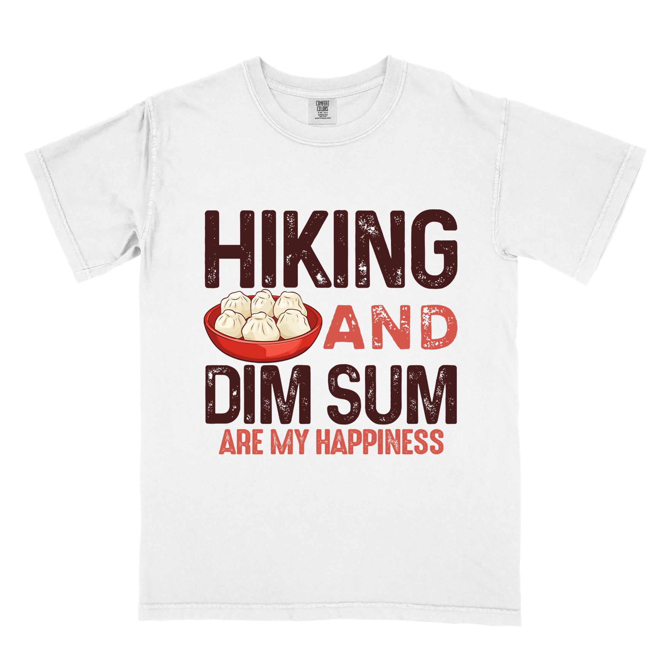 White "Hiking and dim sum are my happiness" colored statement tee with bold typography, and steamed dim sum illustration for dim sum-loving outdoor enthusiasts, hikers and foodies