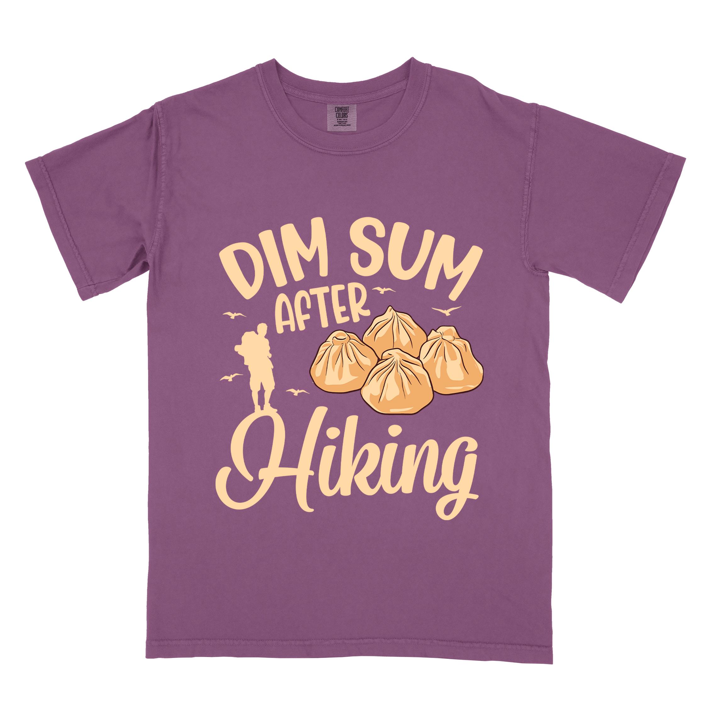 Berry "dim sum after hiking" colored statement tee with bold typography, and steamed dim sum illustration for dim sum-loving outdoor enthusiasts, hikers and foodies